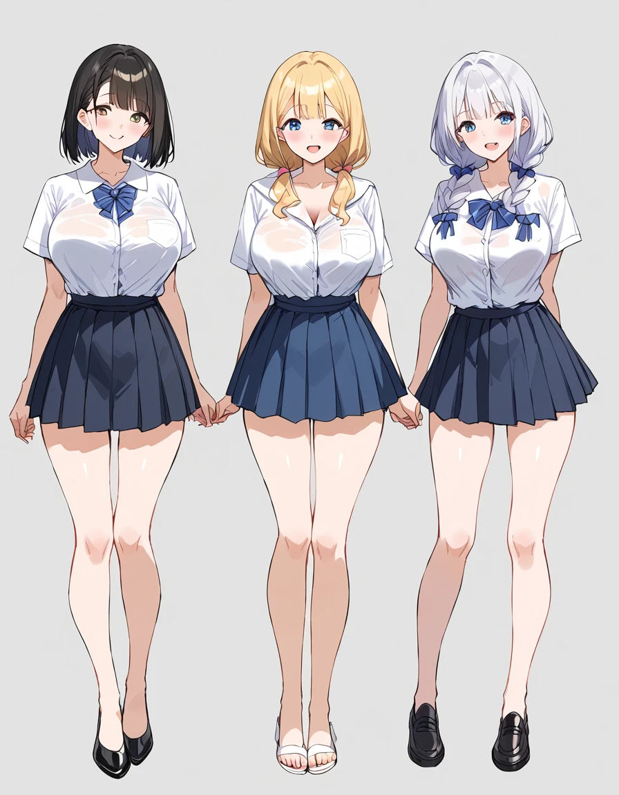 masterpiece, best quality, simple background, random hairstyle, large breasts,  summer, 3 girls, full body, skirt,
