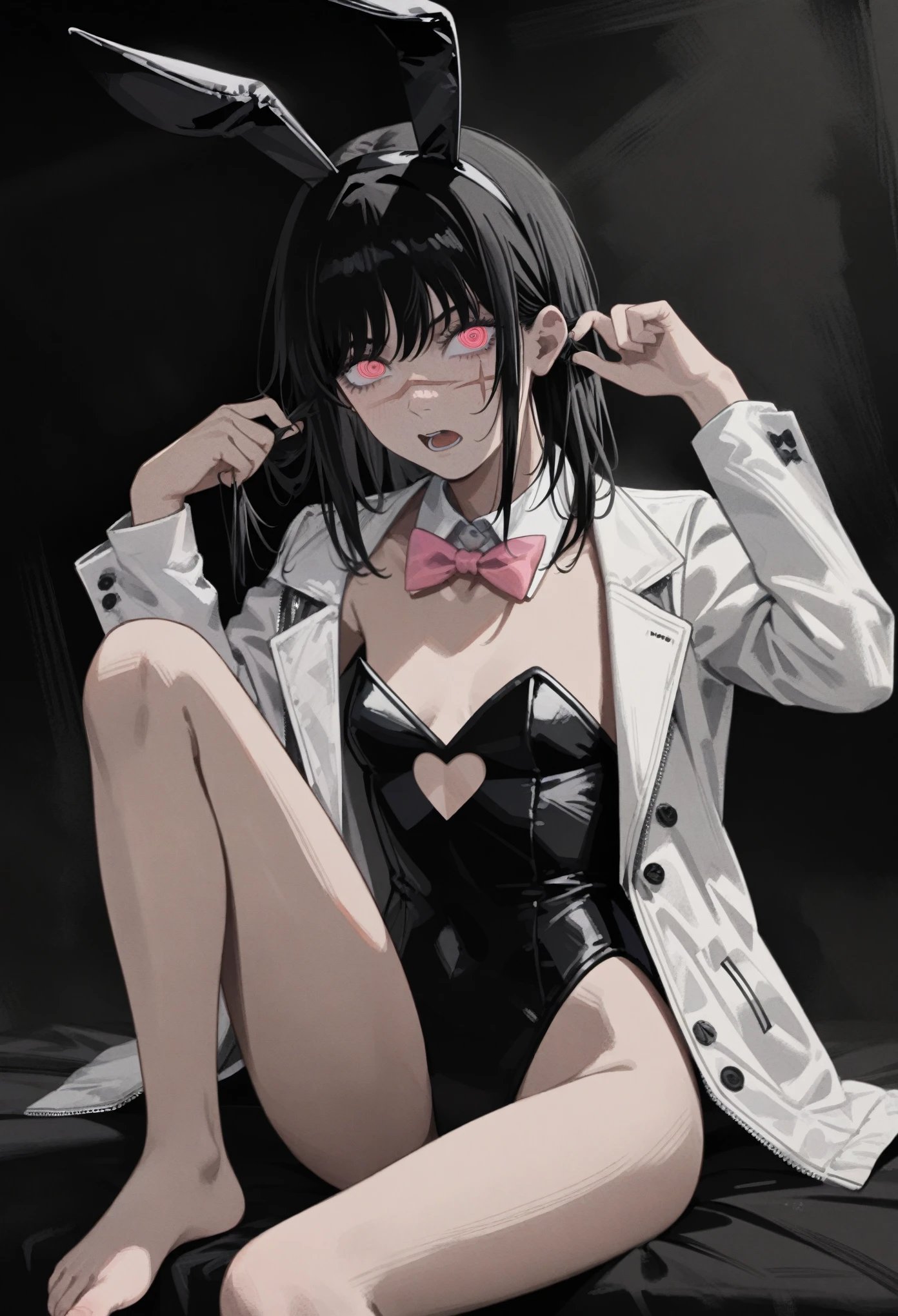 1girl, chainsaw man, rabbit hole \(vocaloid\), yoru \(chainsaw man\), absurdres, official art, solo, animal ears, bare legs, barefoot, black hair, black leotard, bow, bowtie, clothing cutout, cross scar, detached collar, fake animal ears, feet, heart cutout, jacket, knee up, leotard, open clothes, open jacket, open mouth, pink bow, pink bowtie, pink eyes, playboy bunny, playing with own hair, rabbit ears, scar, scar on cheek, scar on face, scar on nose, sitting, solo, strapless, strapless leotard, white jacket, ((very aesthetic, best quality, ultra detailed)), painterly