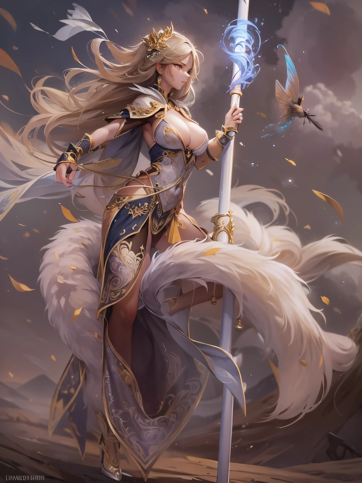 ((Highest quality)),(Ultra-high resolution),(Ultra-detailed new),(Detailed Description),((The best CG)),(masterpiece),Highly detailed art,A wonderful new art form,(Art with precise details:1.5), (woman:1.4),(Intricate and detailed:1.7),(Beautiful and well-proportioned face:1.6),(Straight face:1.4),(upright:1.9),(Raise the Lance:1.5),(Dynamic Pose:1.5), (Dust rising:1.7), (The wind blowing through:1.5), (Flying Light:1.6), Fantasy:1.6,