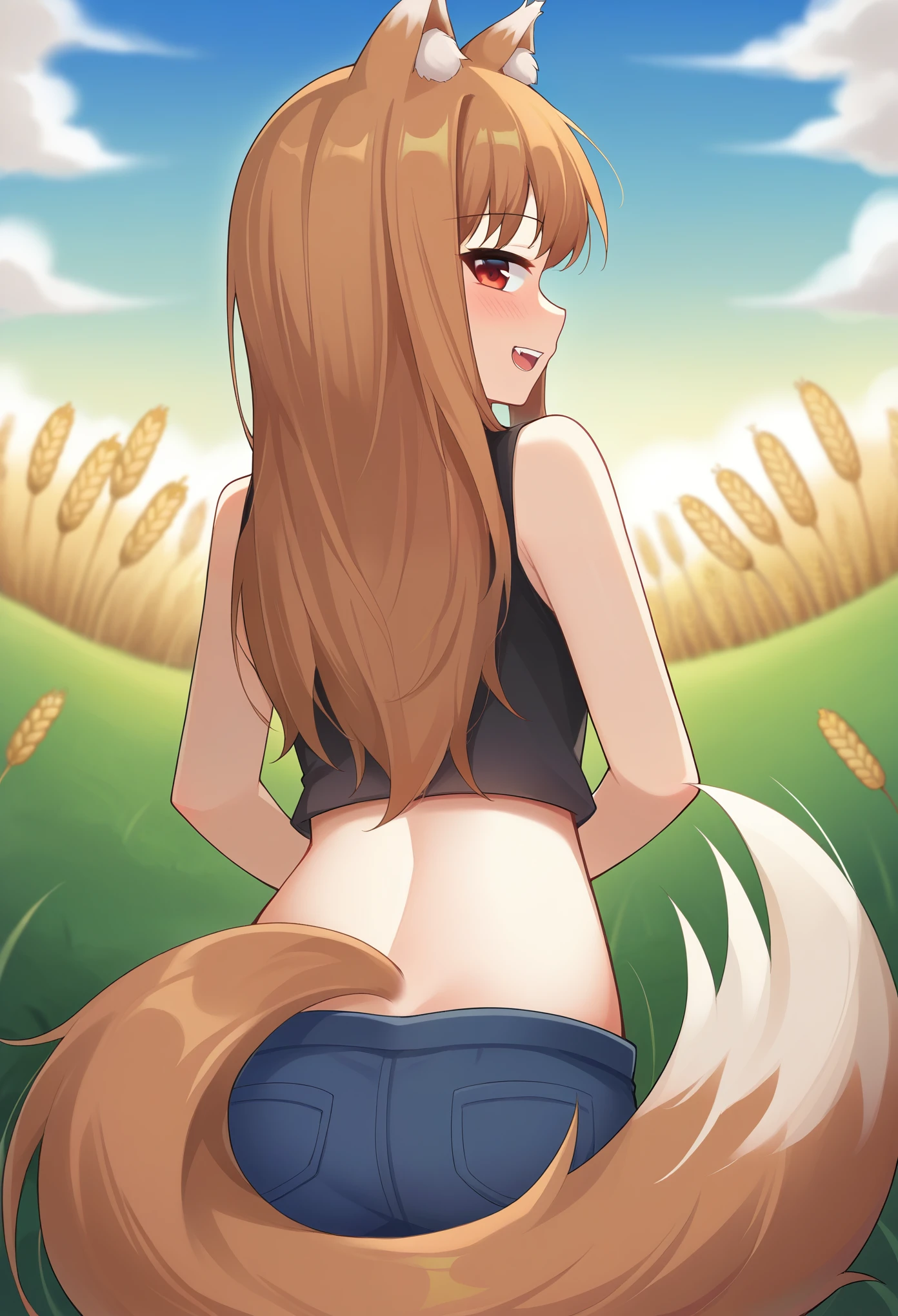 score_9, uncensored, source_safe, source_anime
BREAK
holo \(spice and wolf\), 1girl, animal ear fluff, animal ears, ass focus, blurry, blurry background, blush, brown hair, cloud, day, from behind, long hair, looking at viewer, looking back, outdoors, red eyes, sky, sleeveless, solo, tail, teeth, upper teeth only, wheat field, wolf ears, wolf girl, wolf tail
