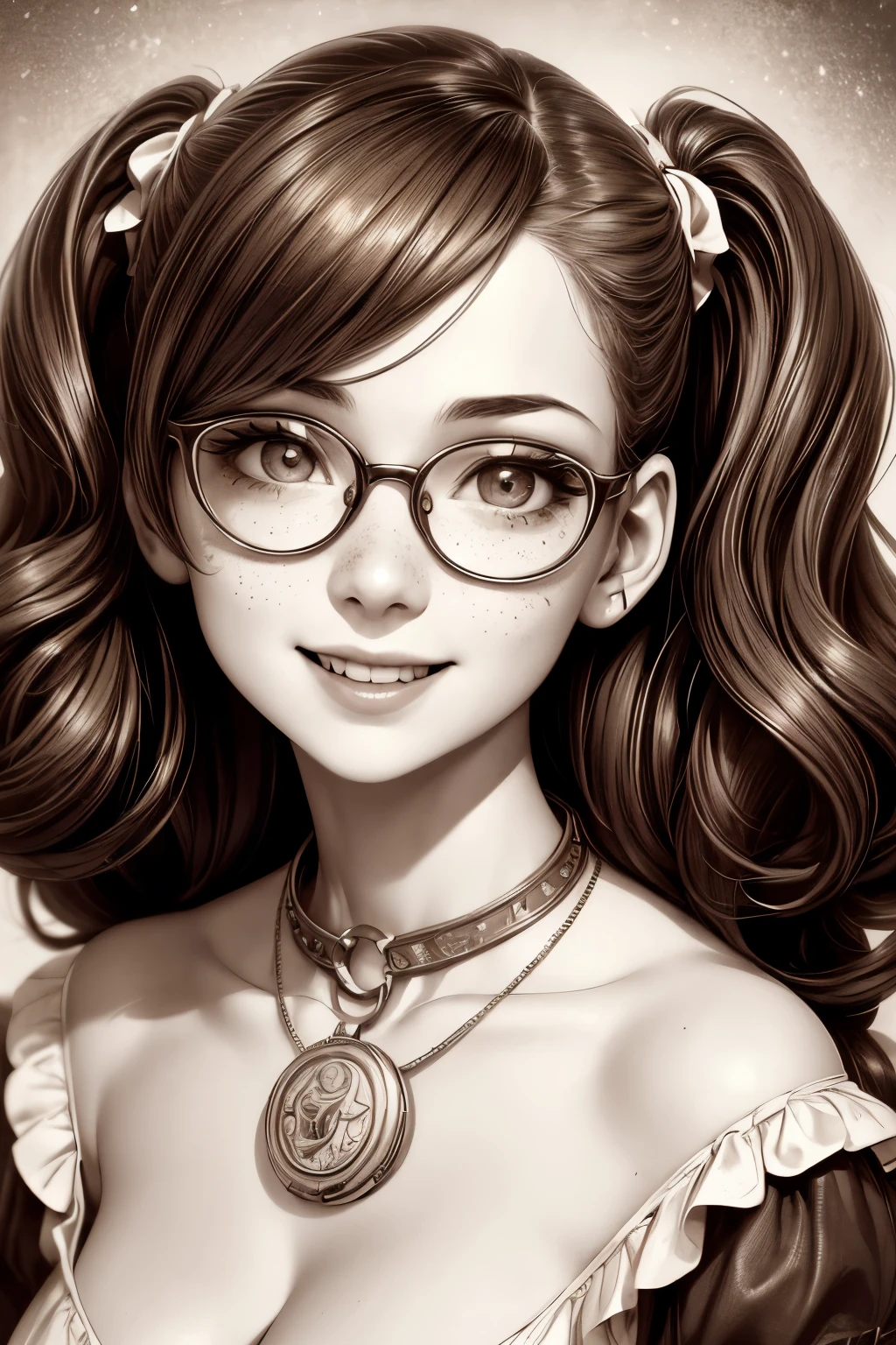 (masterpiece), best quality, expressive eyes, perfect face, Artwork, best quality, ultra-detailed, 1girl, long hair, 1930s vintage photography, monochrome dress, vintage color palette, curly hair, dress with ruffles, smiling smile, freckles on face, ((old photo effect)), large breasts, ((sepia effect)), breasts larger than head, ((portrait in a medallion)), ((locket)), ((pic in locket)), ((portrait in round medallion)), photography of a woman in a locket, signature at the bottom of the photo, Initials T.J in signature, face profile photography, round glasses, flashy cleavage, face profile photography, lipstick in pic, shining eyes, twintails, laughing laugh, laughing, mold particles around the edges of the photograph, laughing with your mouth open, ((bimbo)), ((bimbo breasts))
