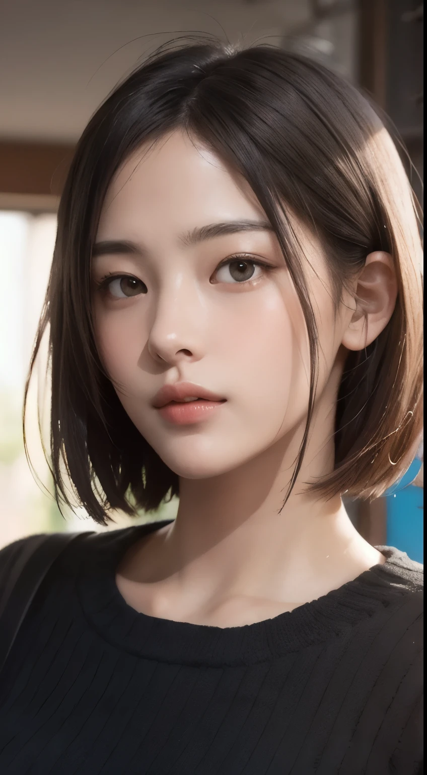 Photorealistic, masutepiece, Best Quality, Raw photo, 1girl in, Solo, Handsome shorthair, copper colored hair、Detailed face, alluring face, Black shirt with collar, medium breasts, Dynamic Pose, Looking at Viewer, From below, Detailed background, fine detailed, intricate detailes,  Ray tracing, depth of fields, lowkey, nffsw