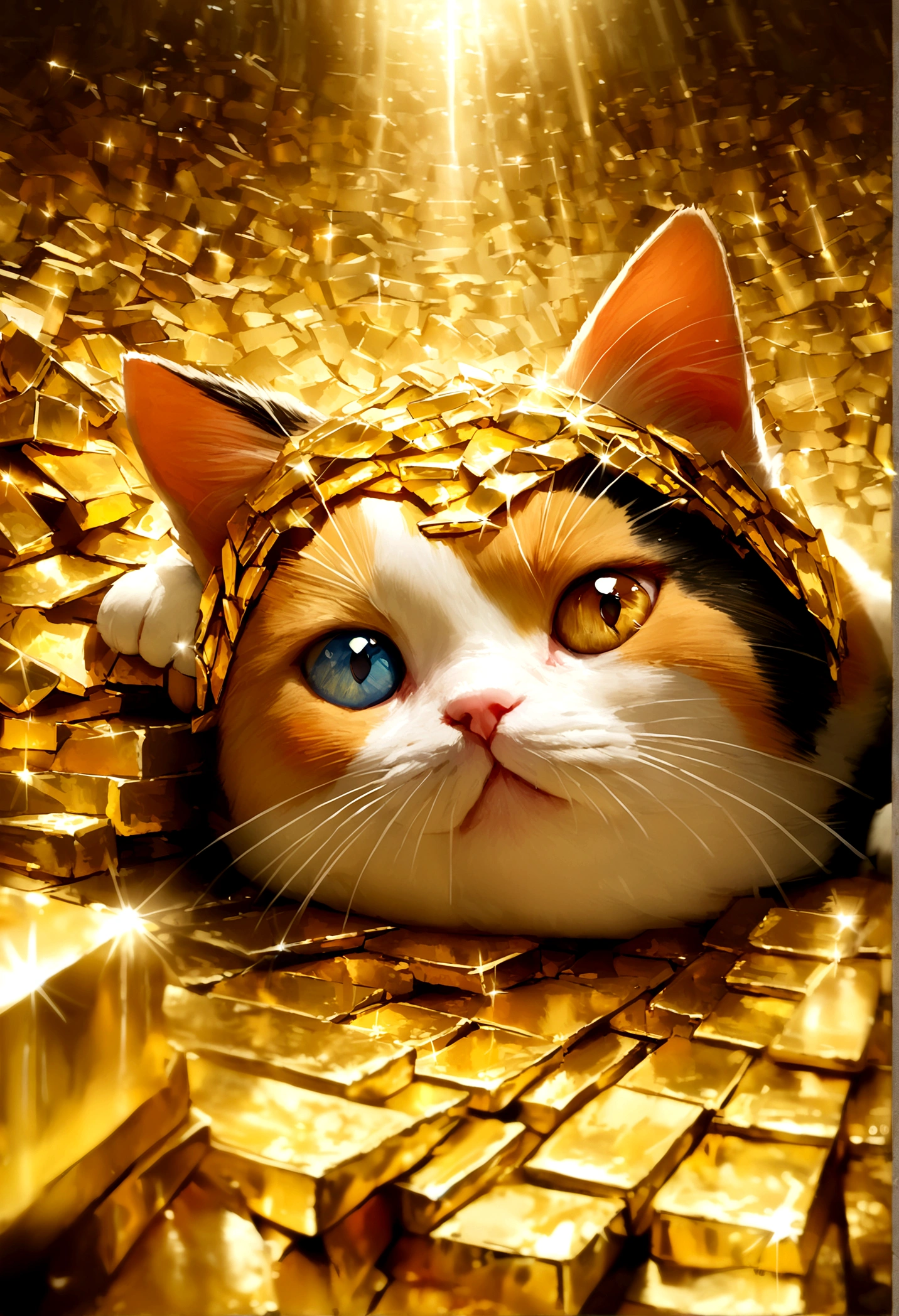 Highest quality, masterpiece, Realistic photos,God of Wealth（chibi character cat）(Gold and calico cat:1.3),is surrounded by shining gold bars、A huge amount of gold falls from the sky