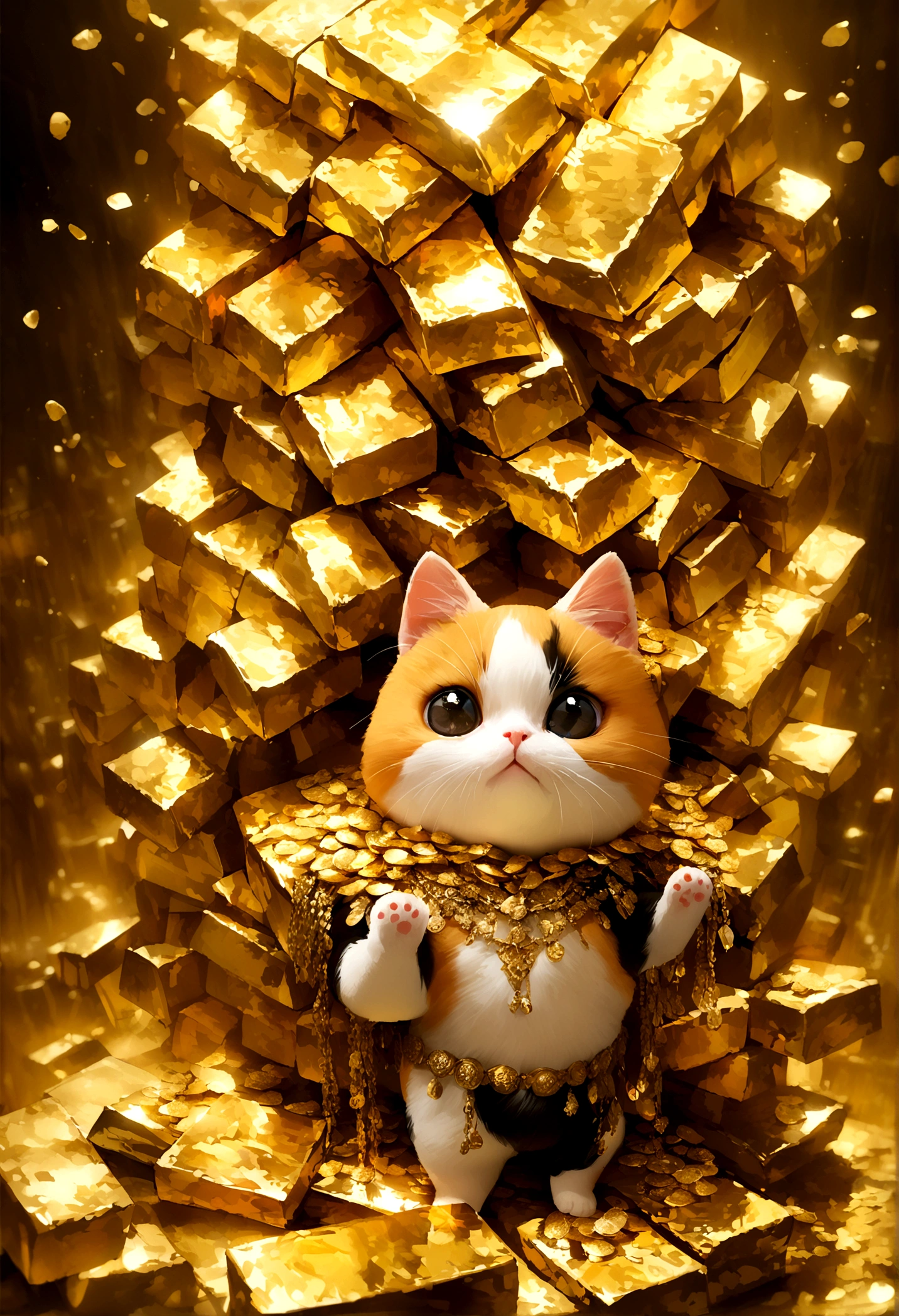 Highest quality, masterpiece, Realistic photos,God of Wealth（chibi character cat）(Gold and calico cat:1.3),is surrounded by shining gold bars、A huge amount of gold falls from the sky