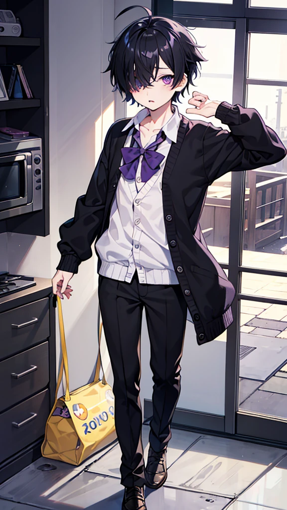 best quality, high quality, a boy, scared, ahoge, hair over one eye, otaku, Unobtrusive character, full body, black hair, very short hair, purple eyes, droopy eyes, underweight, cardigan, ager