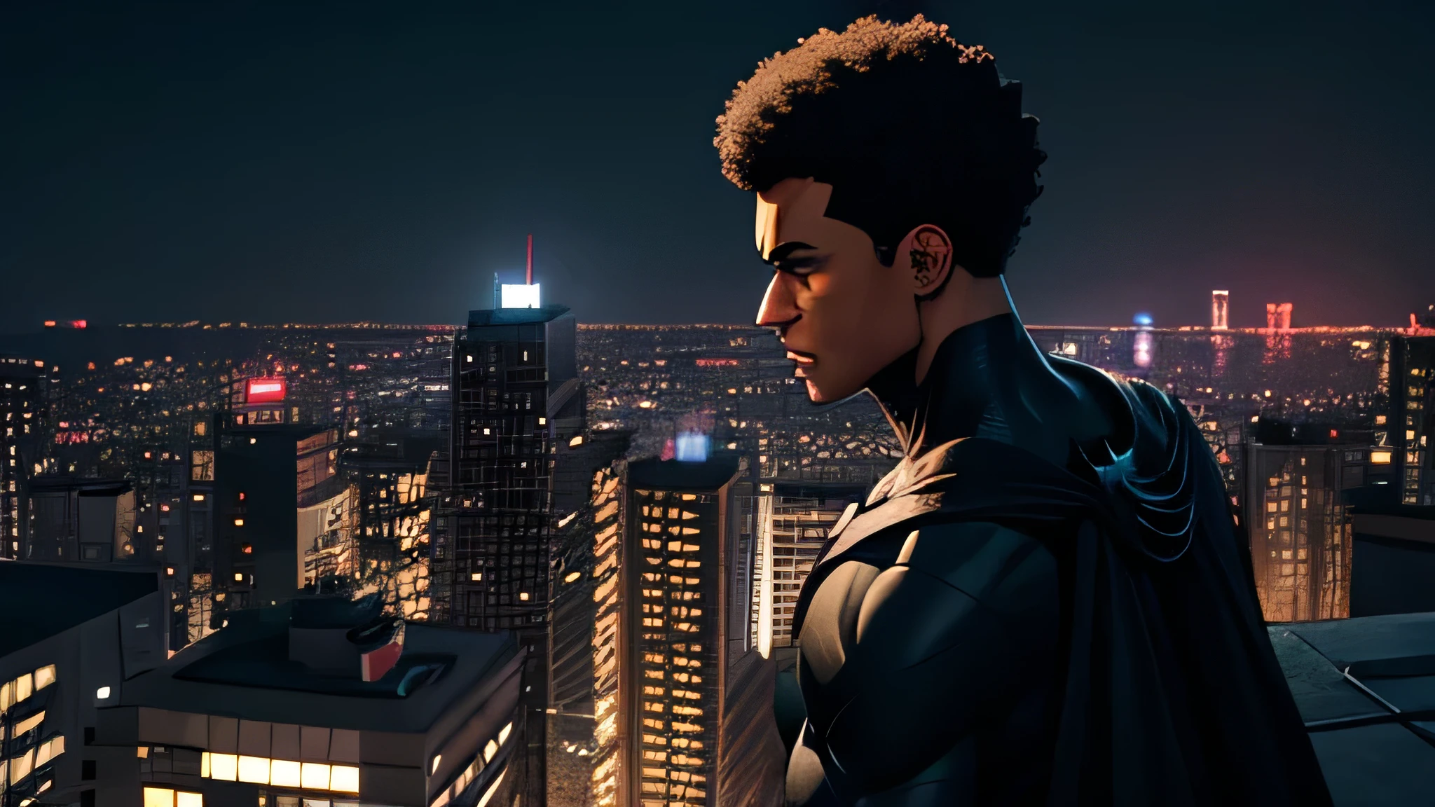 Batman black light skin without mask, short afro hair, on top of a building, background red