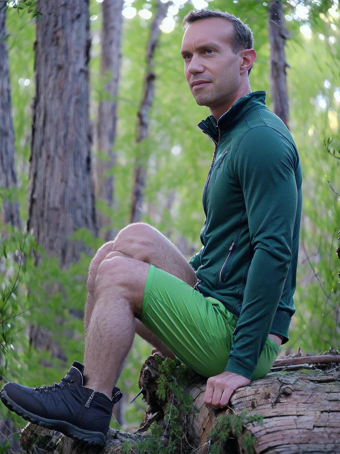 nighttime a man, Todder8, Todder1 short hair, perfect skin, RAW, UHD, 8K, looking to side, sitting on a log camping gear, vacation photography, night forest, stylish jacket green_pants hiking boots, photorealistic, dynamic lighting, dark lighting glow