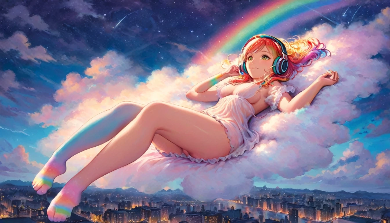 A stunning nude woman, wearing headphones, composed of a dazzling array of rainbow hues, laying gracefully at the end of a radiant rainbow amidst the fluffy clouds in the night sky overlooking a vibrant cityscape, dynamic and enchanting lighting, accentuates her vibrant, full-bodied form. Fantasy art. Masterpiece 