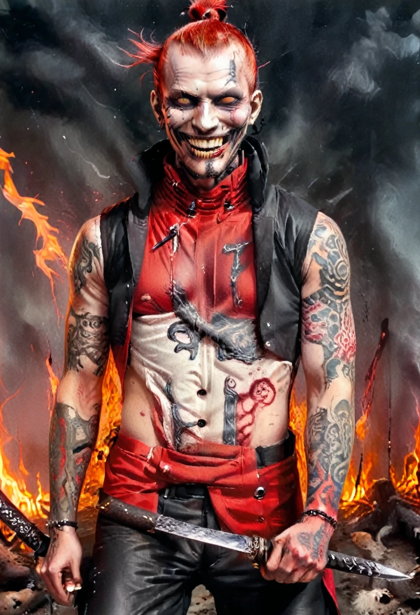 25 year old red man with pale white skin. his eyes are red and black with no trace of white, he has a sadistic smile and a terrifying look, he has blood around his mouth, he is athletic and he is dressed in a red sleeveless coat, and black pants and black boots, His whole body covered with tattoos of criminals, He fights with two swords. Behind Him There Are Fires, he his fight pose Photorealist Style [Sadistic Smile] [Sabre] [Blood Around Mouth] [Tattoo] [Man 25]