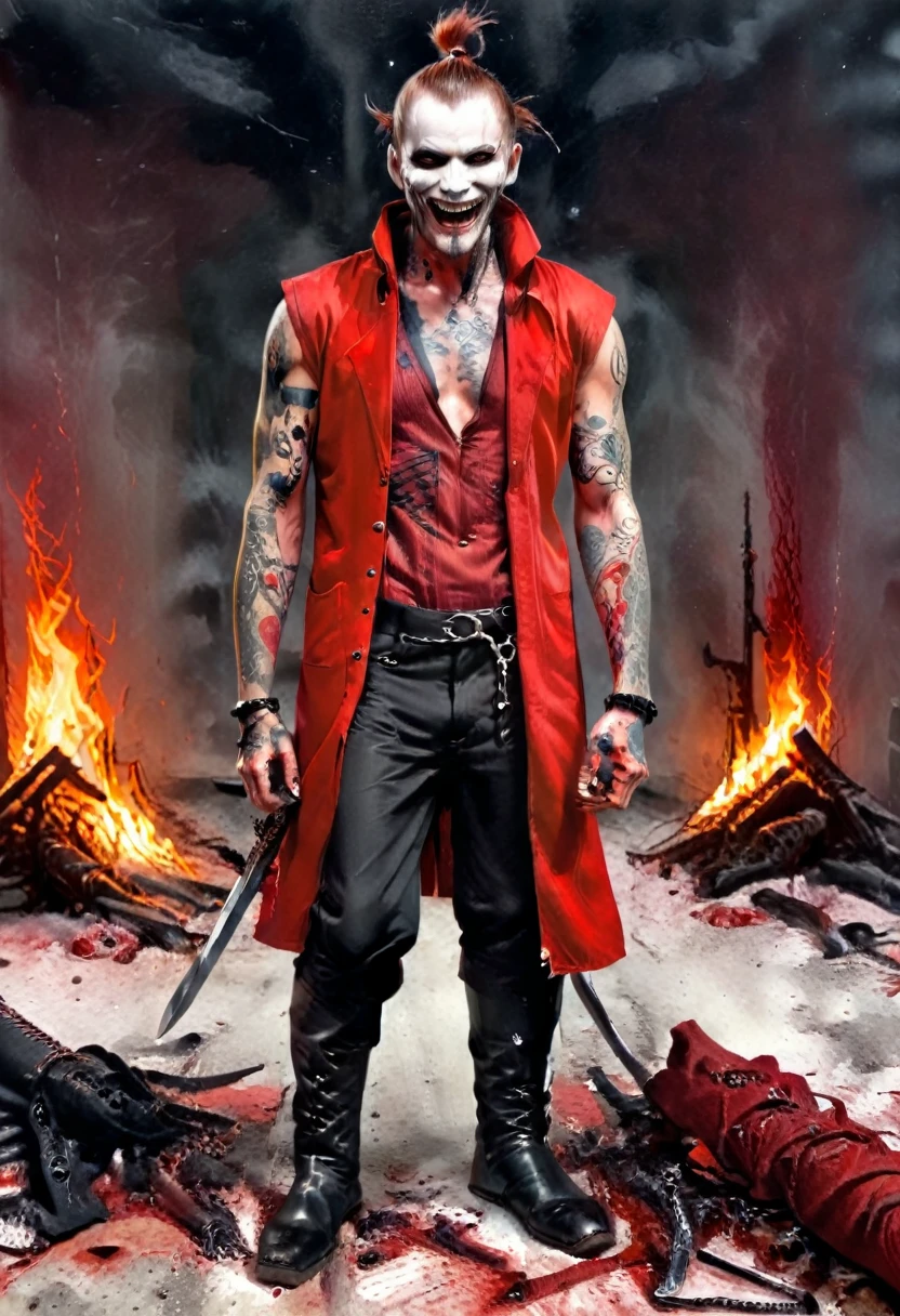 25 year old red man with pale white skin. his eyes are red and black with no trace of white, he has a sadistic smile and a terrifying look, he has blood around his mouth, he is athletic and he is dressed in a red sleeveless coat, and black pants and black boots, His whole body covered with tattoos of criminals, He fights with two swords. Behind Him There Are Fires, he his fight pose Photorealist Style [Sadistic Smile] [Sabre] [Blood Around Mouth] [Tattoo] [Man 25]