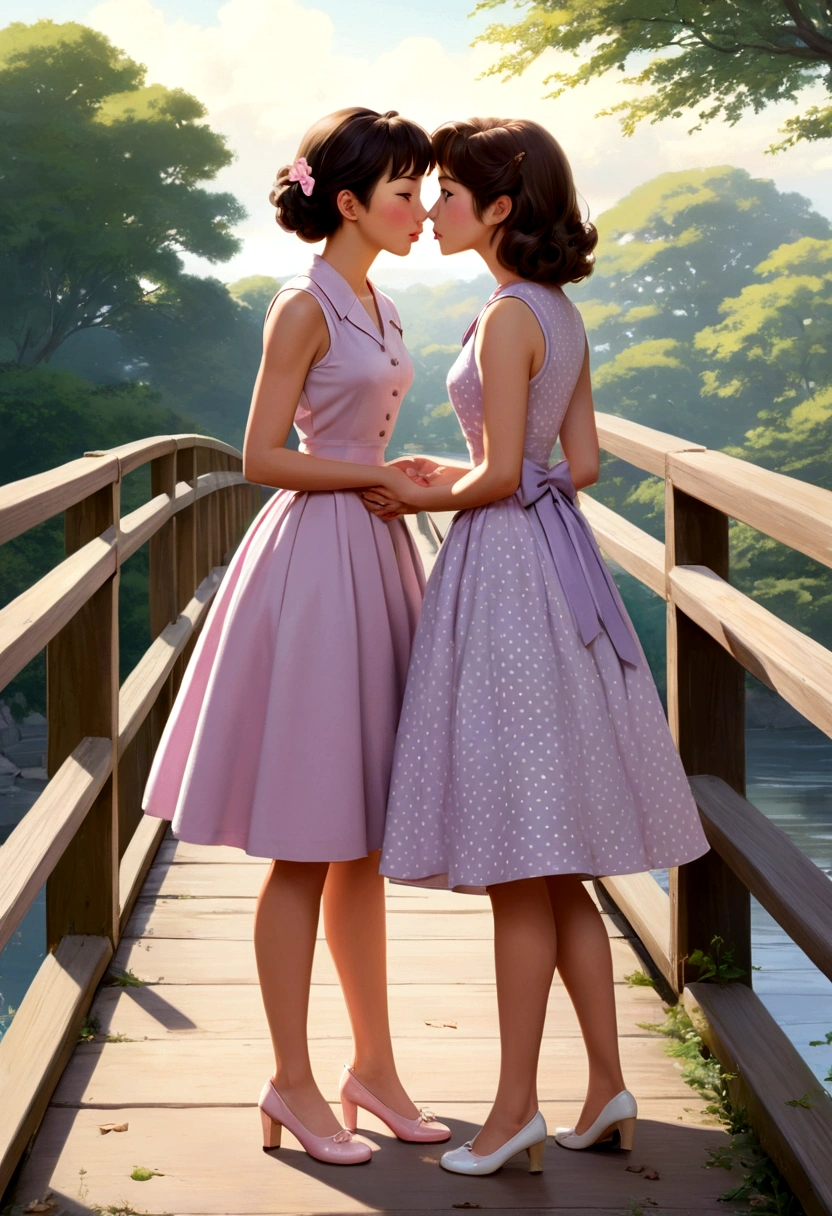 a A captivating and tender anime-style illustration of two women, in love, standing on a beautiful bridge facing each other. The first woman is a beautiful young woman with British (Anin) features, semi-long light brown hair held on one side by a delicate buckle and is dressed in a 50's style sleeveless dress in light lilac with small white polka dots and low-heeled shoes. About to kiss the second woman is a beautiful young woman with Asian (Pin) features, dark brown hair, and she is dressed in a 50's style sleeveless dress, pastel pink, and is wearing low-top shoes. she seems surprised and shy about the kiss they are about to give her.
The image exudes complicity and tenderness between the two.
