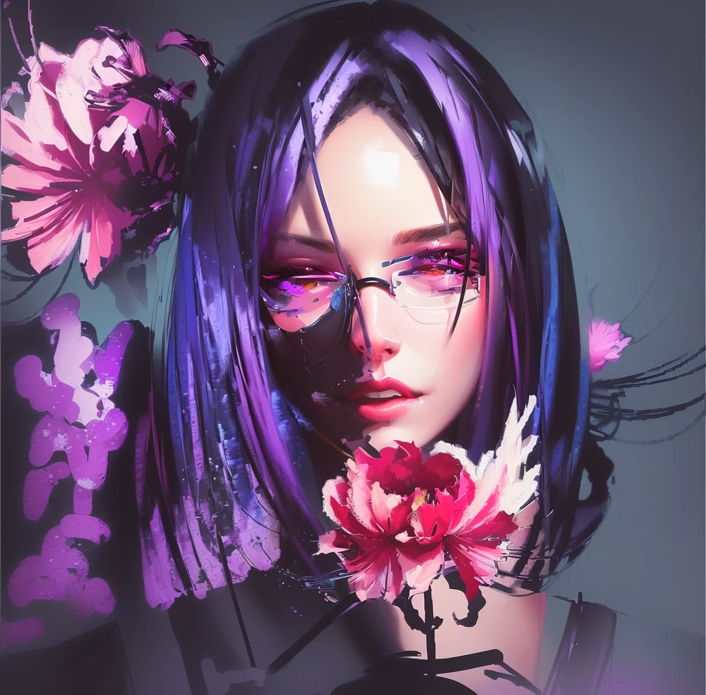 Painting of a woman with glasses and a flower in her hair, in digital painting style, Kind cyborg girl with flowers, in digital illustration style, female portrait with flowers, expressive digital painting, Cyberpunk Flowerpunk, based on Emily Shanks, digital painting style, girl with flower face, inspired by Shinoda Toko, made in an anime artist's studio