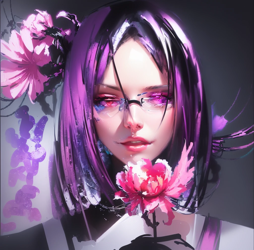 Painting of a woman with glasses and a flower in her hair, in digital painting style, Kind cyborg girl with flowers, in digital illustration style, female portrait with flowers, expressive digital painting, Cyberpunk Flowerpunk, based on Emily Shanks, digital painting style, girl with flower face, inspired by Shinoda Toko, made in an anime artist&#39;s studio