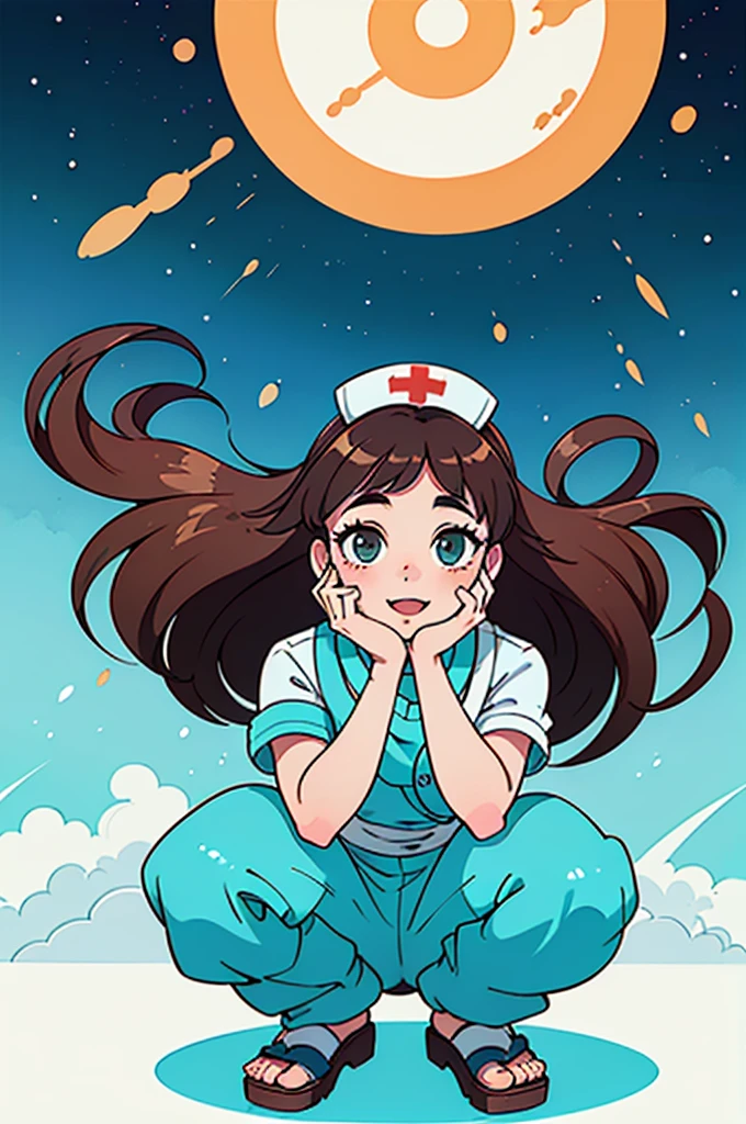 (score_9,score_6_up, score_5_up, score_4_up, masterpiece, best, quality, source_anime, highly detailed, 1girl, solo, brown hair, long hair, nurse cap, turquoise nurse uniform, turquoise pants, squatting, white socks, sandals, happy)