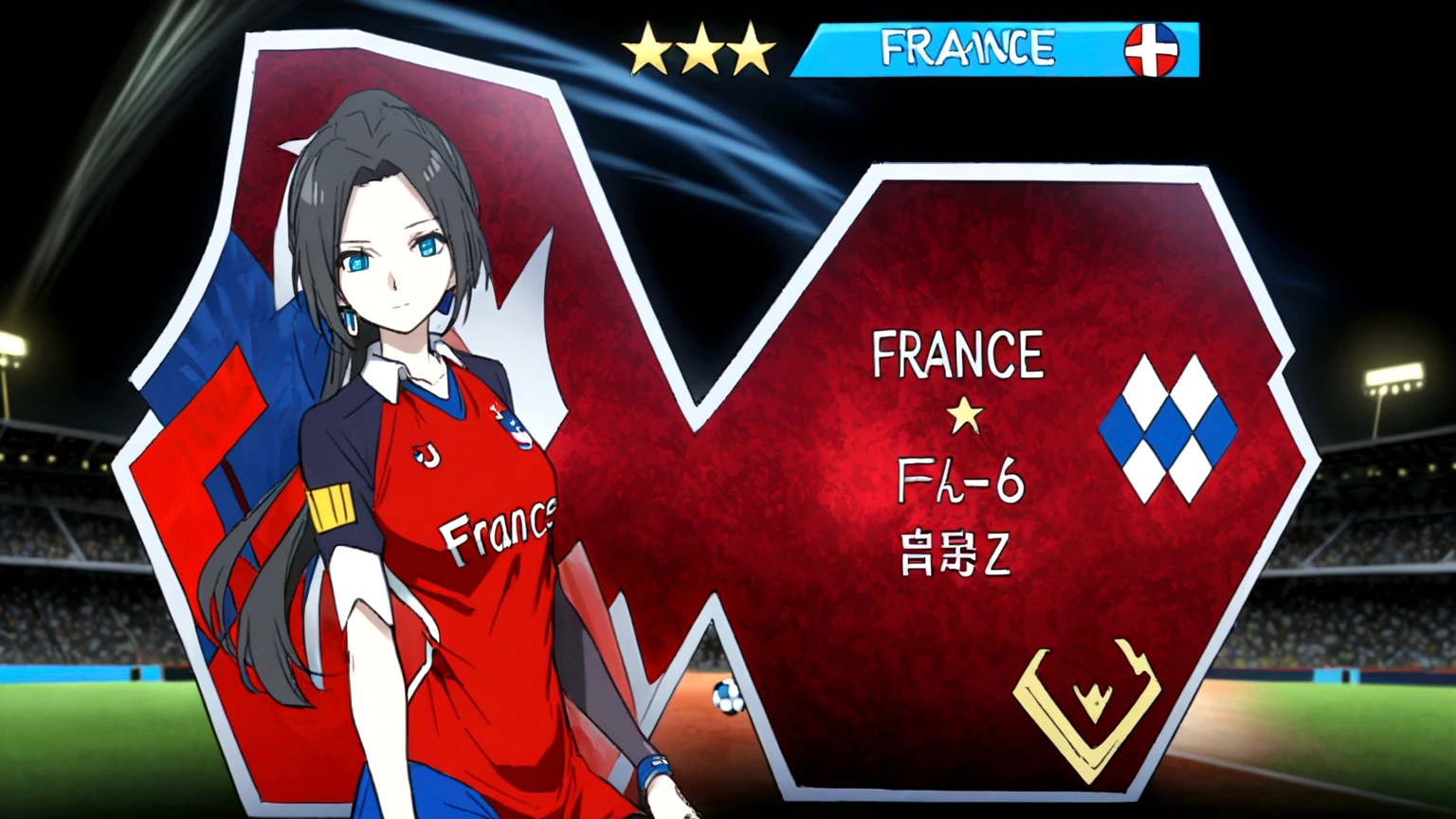 (anime,2D)Women,soccer player,black fur,wide,fringe,collected in a ponytail,clear skin,Light blue eyes,France national team clothing, In a soccer field.