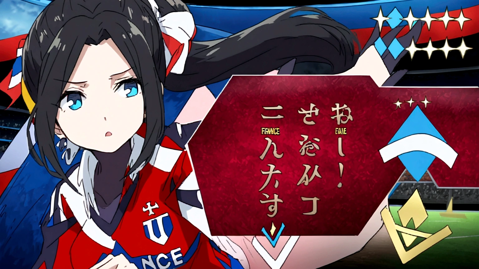 (anime,2D)Women,soccer player,black fur,wide,fringe,collected in a ponytail,clear skin,Light blue eyes,France national team clothing, In a soccer field.