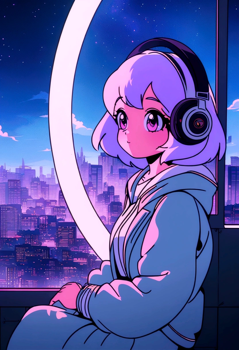 anime girl with headphones looking out a window at a city, lofi girl, anime vibes, lofi artstyle, anime style 4 k, anime aesthetic, nightcore, lofi feel, lofi art, anime art wallpaper 4 k, anime art wallpaper 4k, anime wallpaper 4 k, anime wallpaper 4k, lofi vibes