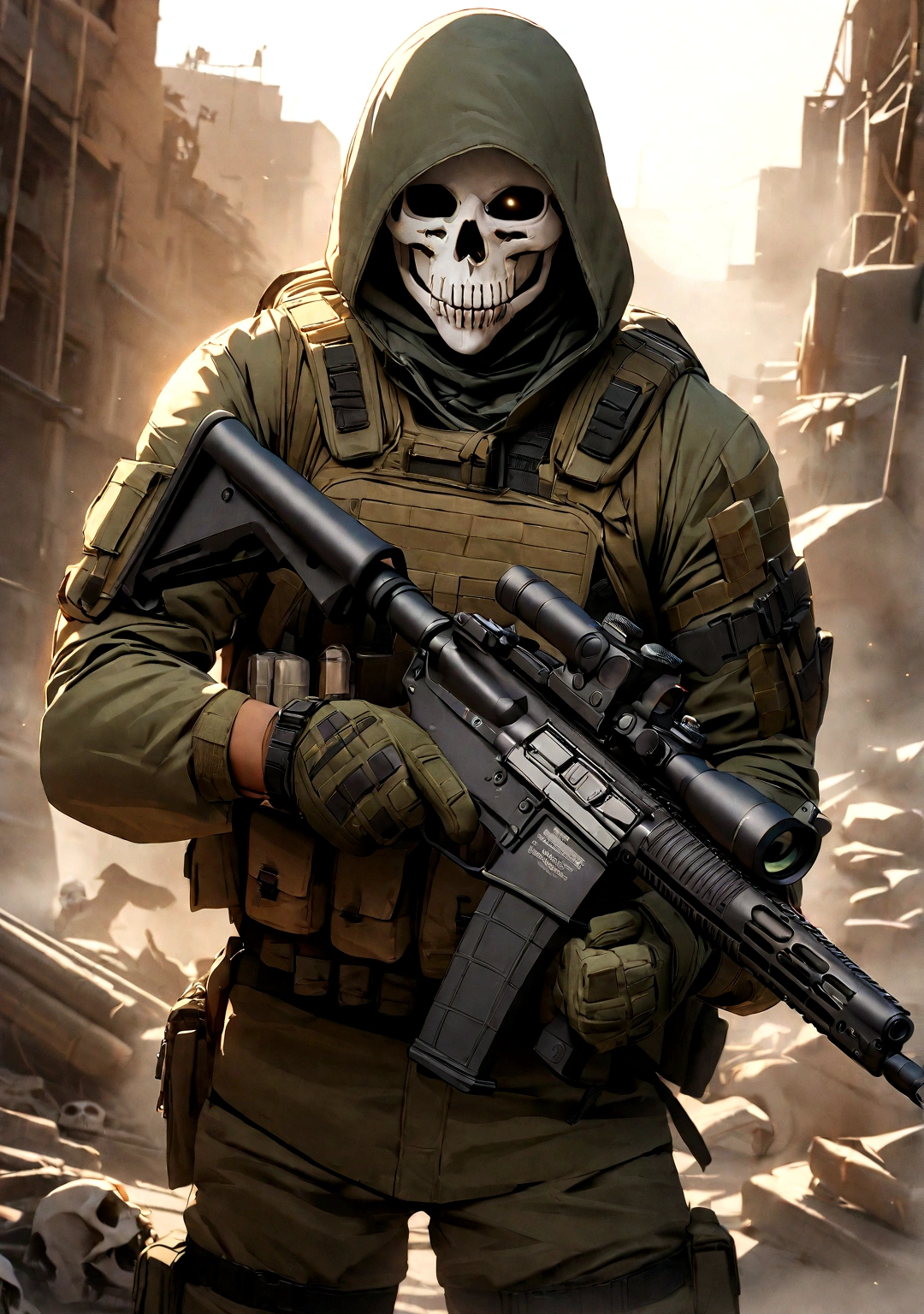 ultra HD, 4K, ultra detaild, cinematic, a photograph of Simon Ghost Riley a man in a skeleton mask containment a rifle modern warfare style,standing alone,mitts,ung boy,containment,missiles,male focus,hooded cloak,tissue,containment missiles,handgun,military,mask,containment handgun,rifle,skull,assault rifle,scoping,skull mask, epic, beautiful lighting, inspirational