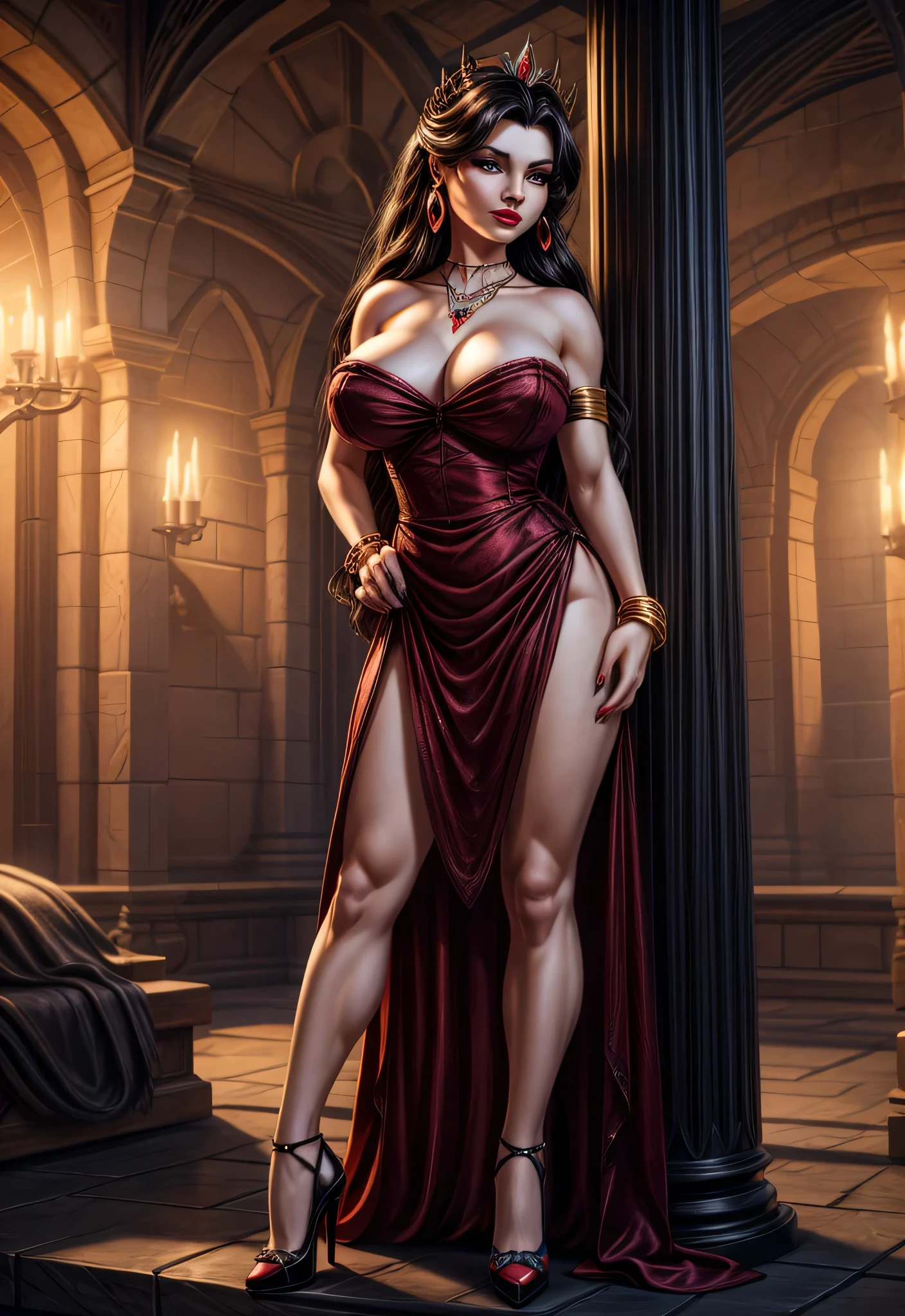 UHD 8k, HDR+, Copyright Disney Disney Villains Snow White and the Seven Dwarfs Character Evil Queen Artist Bunbunmuffinart General 1girls big breasts breasts naked breasts outside naked breasts female female focus female only Brunette light skin light skinned woman looking at viewer mature woman milf stepmom nipples, brunette with necklace, large piercing eyes, huge earrings, giant earrings, gold bracelets on her arms, her long jet black hair flowing over her shoulders, Black high heel shoes, High heels, black gothic dress, detailed background, realistic, 1girl, solo girl, 20 year old girl, ultra realistic face, hyperrealistic, hyperdetailed, (looking at viewers), sharpen, detailed face, detailed eyes, detailed lips, red lips, beautiful face, 16k, FHD, raw photo, cute face mesh, pretty face mesh, portrait shot 8 k