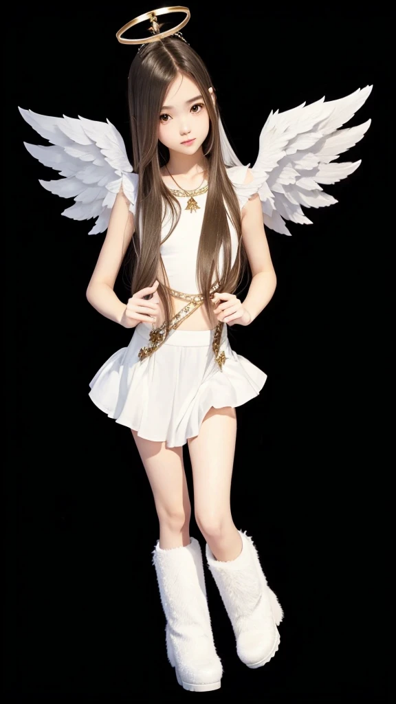 A beautiful thin girl with long straight hair angel halo over her head small angel wings white short white short skirt white white furry boots.