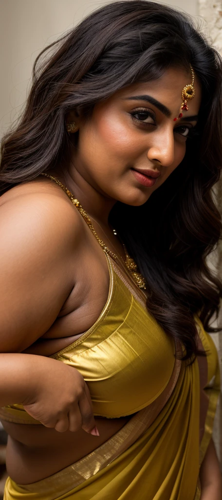 Foto RAW, photorealistic, photography, full body shot, master shot, perfect eyes, goddess like beauty, pierced eyes, perfect thick chubby mallu Desi aunty bhabhi, Full figured woman, juicy thick figure, bulky figure, curvy, fleshy curvy figure, voluptuous body, wide body, full figured aunty, Sexy navel folds, fleshy figure, heavy figure, Wearing a Stanapatta, a chest-band.Saree model, model Photography, Indian saree shoot, Indian traditional wear advertising photography, traditional wear brand shoot, face of Indian actress Sonakshi Sinha, masterpiece, realistic, realism, incredible details, pleasure, photorealism, detailed skin, skin pores, high contrast, photorealistic Artstation 8k HD digital art trend of high definition and detailed realistic skin texture, ultra detail, realistic skin texture, armature, best quality, ultra high definition, (photorealistic:1.4),, high resolution, detail, raw photo, sweat, Re sharp, by Lee Jefferies Nikon D850 Film Stock Photo 4 Kodak Portra 400 Camera F1.6 Lens Rich Color Ultra Real Realistic Realistic Textures Dramatic Lighting Unreal Engine Trending at Art Station Cinestill 800,(pele altamente detalhada: 1.2), 8k UHD, DSLR, soft-lighting, alta qualidade, grain of film, Fujifilm XT3,she didn't like to wear blouse or bra, She doesn't like to wear bra or blouse as it is against her traditional customs, wearing a Bra or blouse is against her forbidden in her tribes ritual, traditional no blouse saree, detailed hairy armpits, hyper realistic skin, skin pores, sweat, veins, juicy deep navel,
