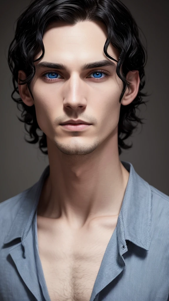 A pale thin man with dark circles under his eyes, wavy black hair dark blue eyes.