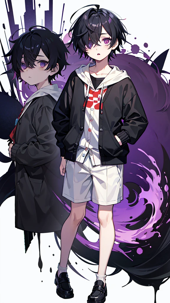 best quality, high quality, a boy, scared, ahoge, hair over one eye, otaku, Unobtrusive character, full body, black hair, very short hair, purple eyes, short stature, droopy eyes, underweight, cardigan, ager