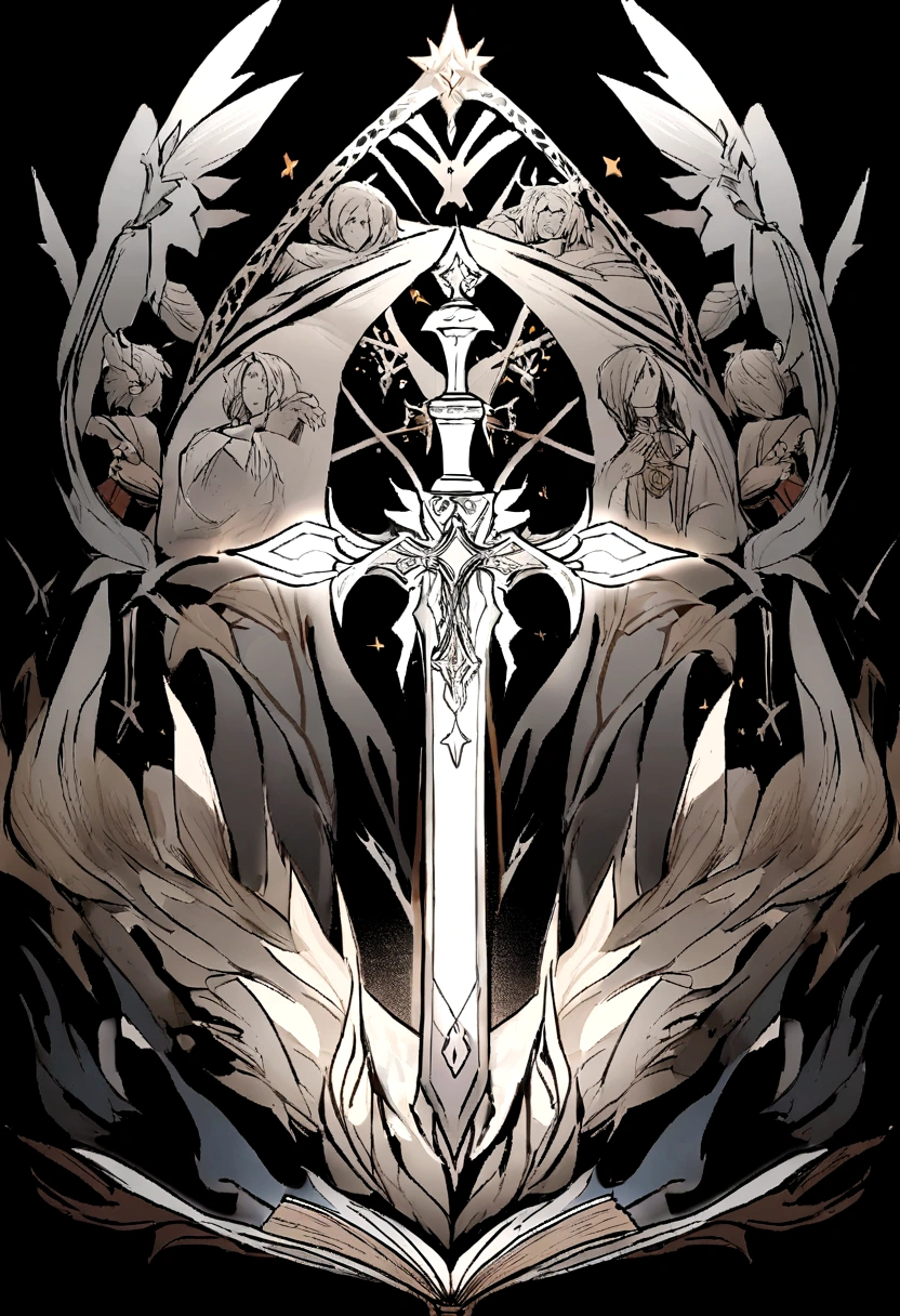(UI Design for Gaming Achievement Badges.),silver sword,Flat 2D effect,Holy, the bible,Sword and magic, White color, black background