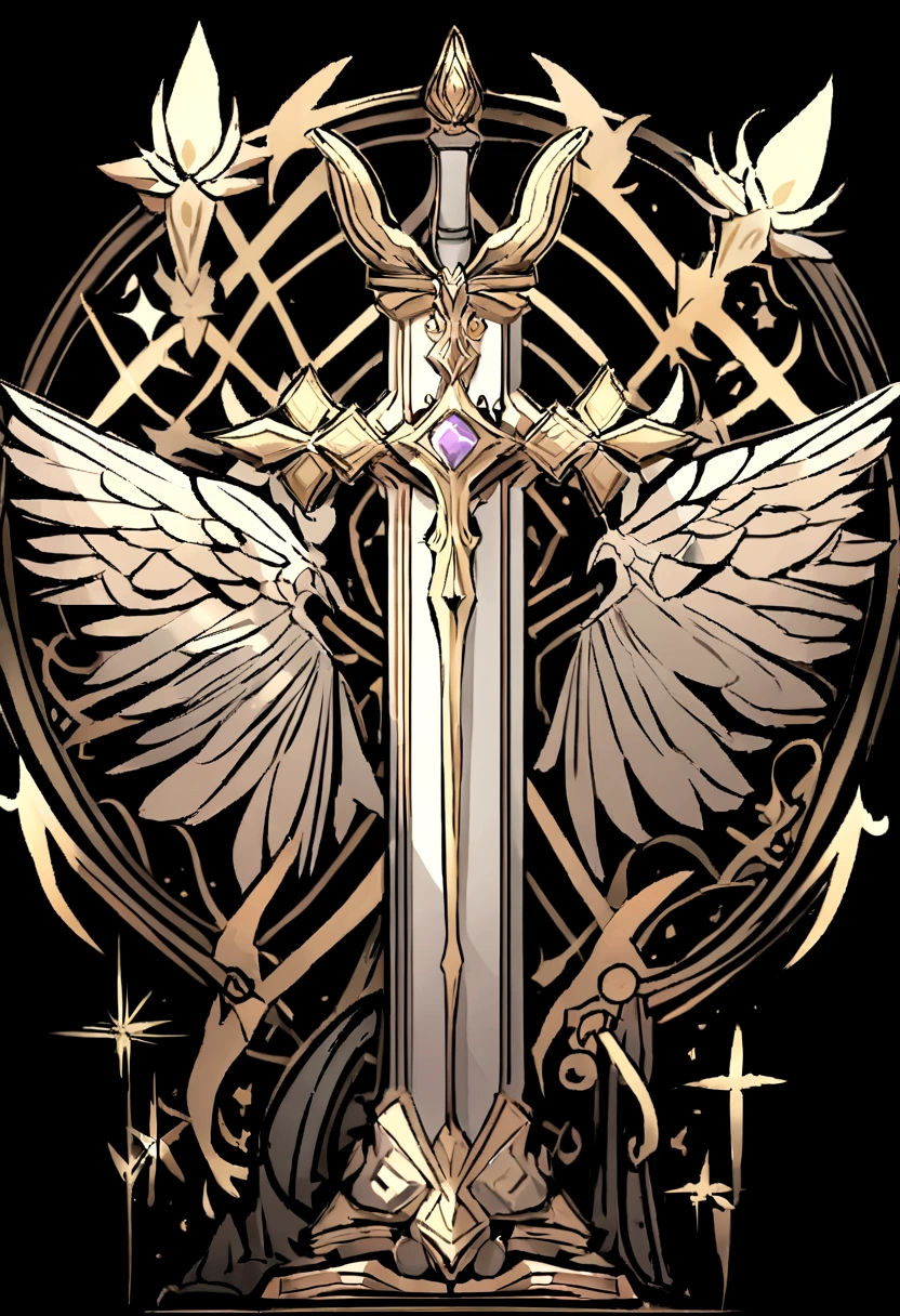 (UI Design for Gaming Achievement Badges.),silver sword,Flat 2D effect,Holy, the bible,Sword and magic, White color, black background