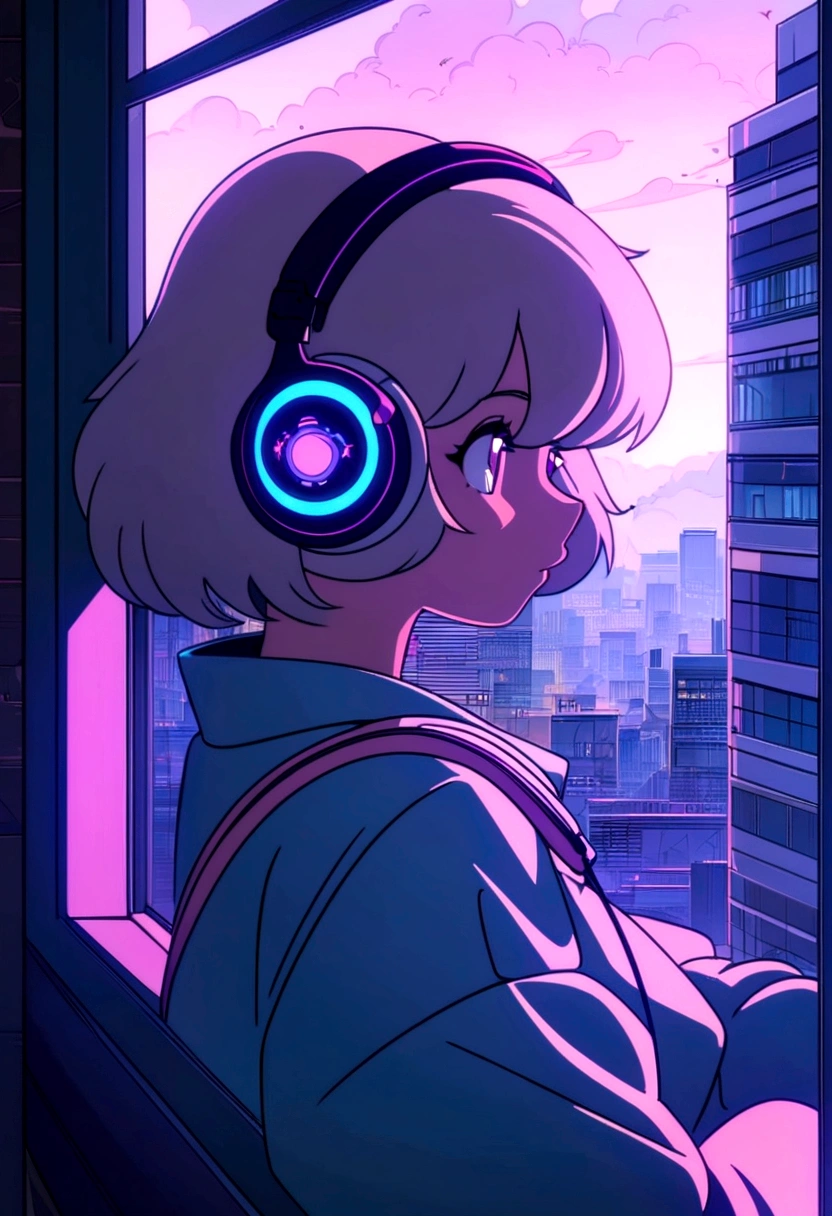 anime girl with headphones looking out a window at a city, lofi girl, anime vibes, lofi artstyle, anime style 4 k, anime aesthetic, nightcore, lofi feel, lofi art, anime art wallpaper 4 k, anime art wallpaper 4k, anime wallpaper 4 k, anime wallpaper 4k, lofi vibes