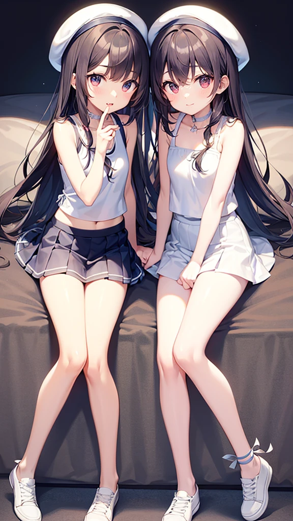 Very cute 11 year old twin girls、Long Hair、Tank top、Miniskirt, White Skin