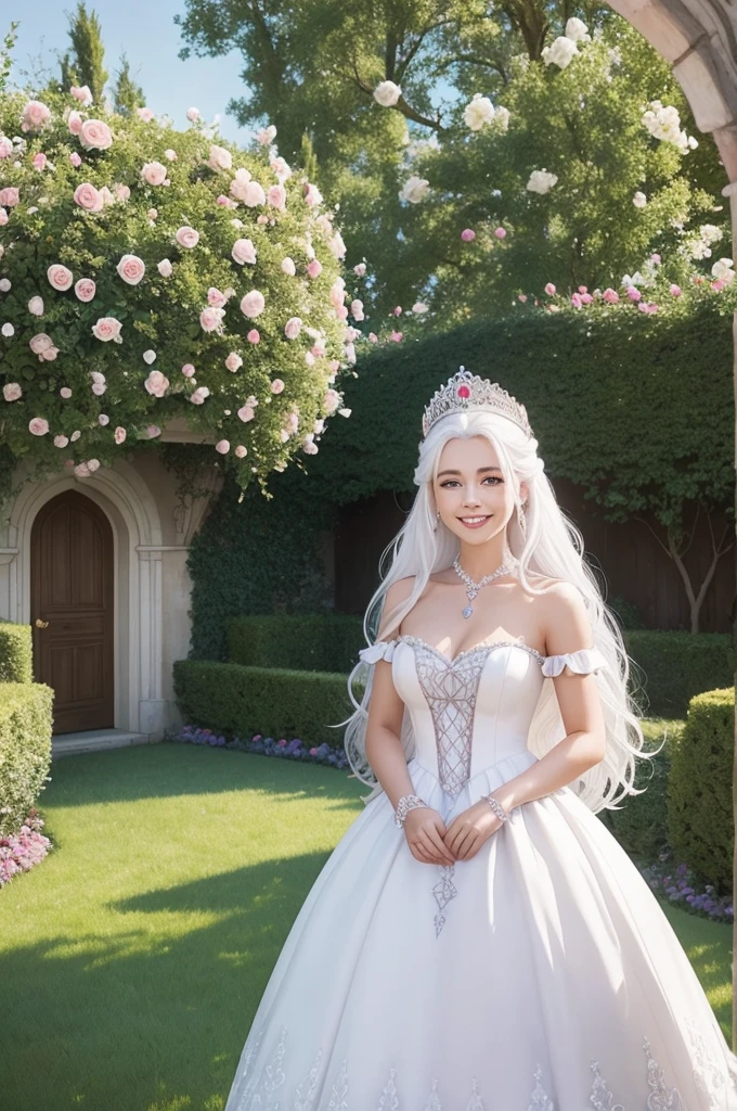 I would like to see someone with white hair wearing a princess outfit in the garden full of roses smiling