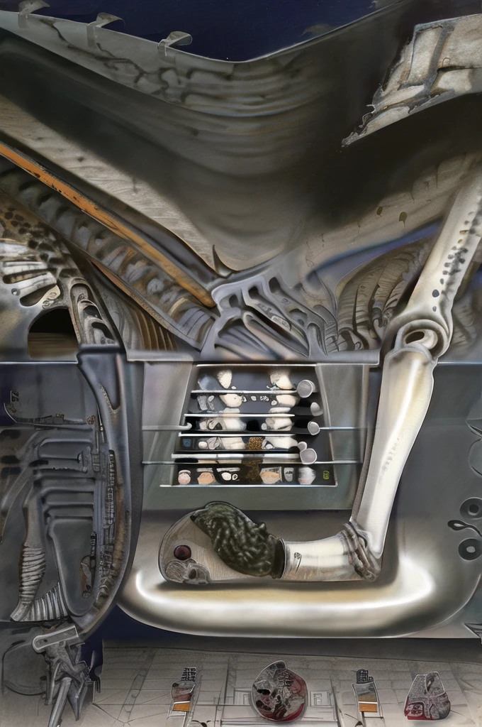 Giger_style, The image is a detailed view of H.R. Giger's \" chakhmate \" plate, 

Create biomechanical tableau in h r giger's style. It is called “Schachmatt” (Checkmate) by H. R. Giger and was created in 1979.
The tableau depicts a nightmarish Thanksgiving dinner scene. A skeletal family sits around a table overflowing with grotesque food items. The skeletal figures are all different shapes and sizes, and they are posed in a way that suggests tension and unease. The table is made of bone, and the chairs are made of twisted metal. The food on the table includes rotting flesh, bones, and other disturbing items

The painting is a nightmarish biomechanical scene. In the center of the composition is a chessboard with several chess pieces scattered around it. The background is filled with industrial pipes and tubes. The overall feel is one of decay and desolation.
Giger’s signature artistic style, biomechanical surrealism, is on full display in this piece. Biomechanical surrealism combines human anatomy with machines. The skeletal figures in the painting are fused with mechanical parts, creating a disturbing and unsettling effect.
Here’s a more detailed description of the composition:
In the center foreground is a metallic chessboard with several metallic chess pieces scattered around it.
To the right of the chessboard is a skeletal figure hunched over tribune. 
The art performance showcases the artist’s skills in observation and rendering. The level of detail in the piece suggests a close study of real bone specimens and anatomy. The artist has skillfully used shading techniques to create a convincing illusion of three-dimensionality on a flat surface.The wrinkles and cracks in the surface, and the cast shadows with accuracy, used shading techniques to create a realistic depiction of light and shadow on the objects. This creates a sense of depth and dimension in the image

The style  is clearly biomechanical. Features combination of organic and mechanical forms. Mechan