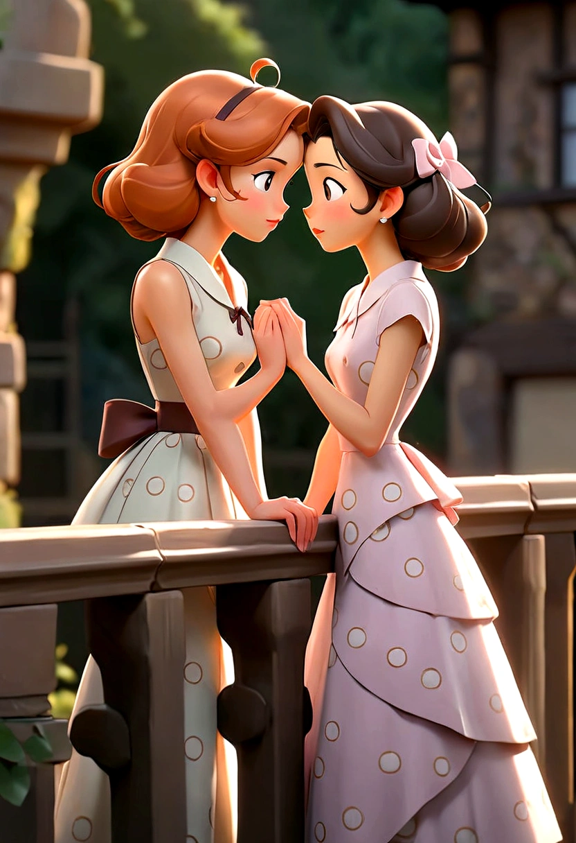 a A captivating and tender anime-style illustration of two women, in love, standing on a beautiful bridge facing each other. The first woman is a beautiful young woman with British (Anin) features, semi-long light brown hair held on one side by a delicate buckle and is dressed in a 50's style sleeveless dress in light lilac with small white polka dots and low-heeled shoes. About to kiss the second woman is a beautiful young woman with Asian (Pin) features, dark brown hair, and she is dressed in a 50's style sleeveless dress, pastel pink, and is wearing low-top shoes. she seems surprised and shy about the kiss they are about to give her.
The image exudes complicity and tenderness between the two.
