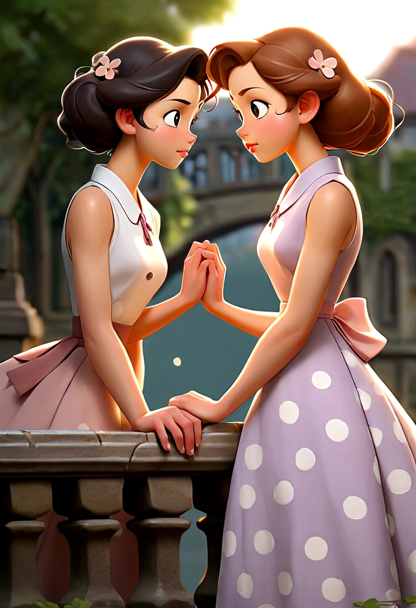 a A captivating and tender anime-style illustration of two women, in love, standing on a beautiful bridge facing each other. The first woman is a beautiful young woman with British (Anin) features, semi-long light brown hair held on one side by a delicate buckle and is dressed in a 50's style sleeveless dress in light lilac with small white polka dots and low-heeled shoes. About to kiss the second woman is a beautiful young woman with Asian (Pin) features, dark brown hair, and she is dressed in a 50's style sleeveless dress, pastel pink, and is wearing low-top shoes. she seems surprised and shy about the kiss they are about to give her.
The image exudes complicity and tenderness between the two.