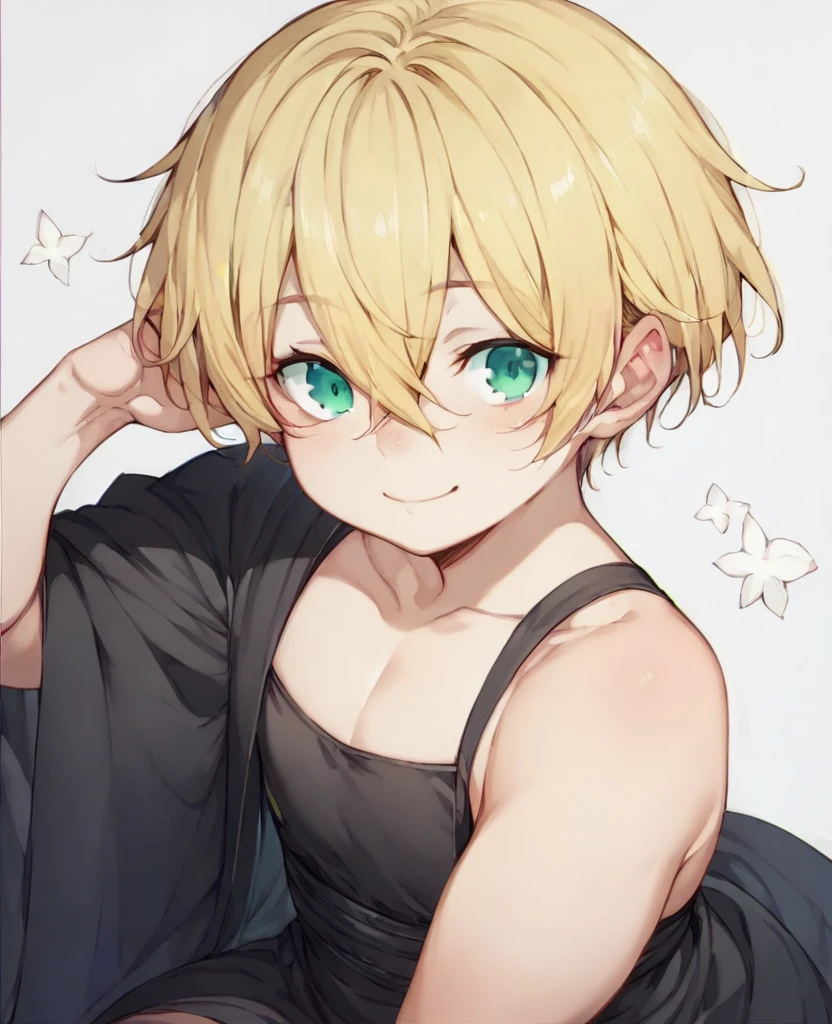 (One girl)、((short hair))、((Blonde))、(Sato Air)、((boyish))、Crossdresser、((flat chest))、green eyes、plump、(mage)、black robe、Black sleeveless、((hairs between eyes))、light smile