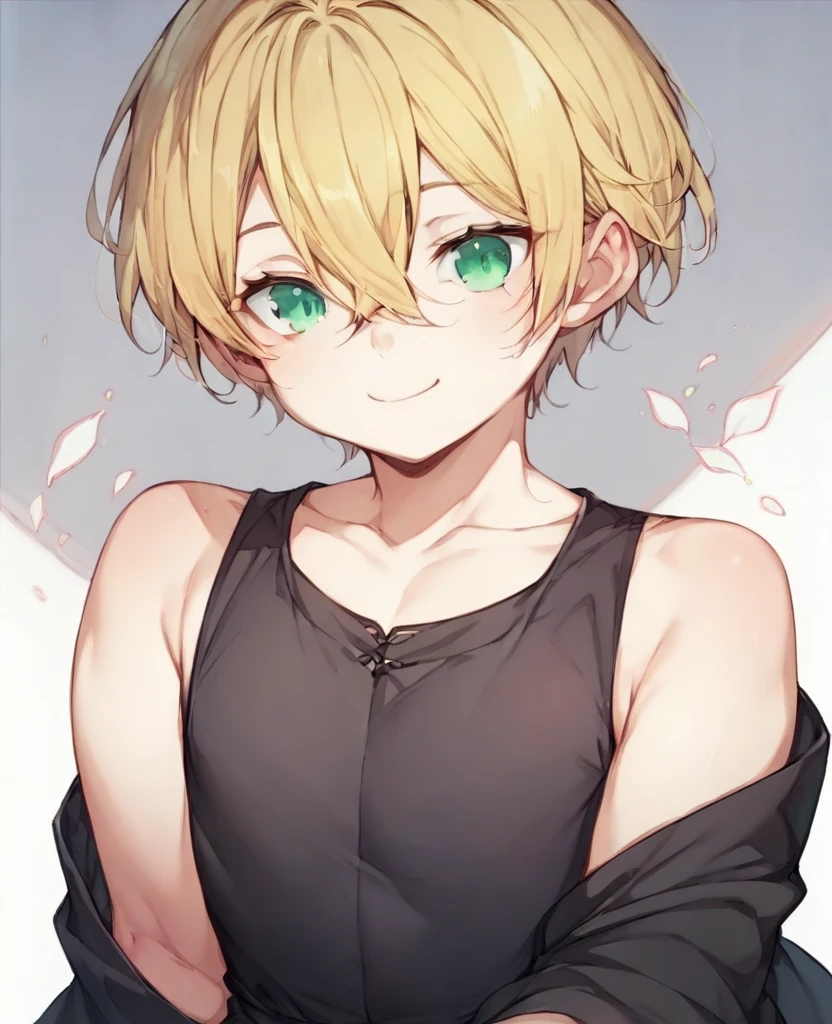 (One girl)、((short hair))、((Blonde))、(Sato Air)、((boyish))、Crossdresser、((flat chest))、green eyes、plump、(mage)、black robe、Black sleeveless、((hairs between eyes))、light smile
