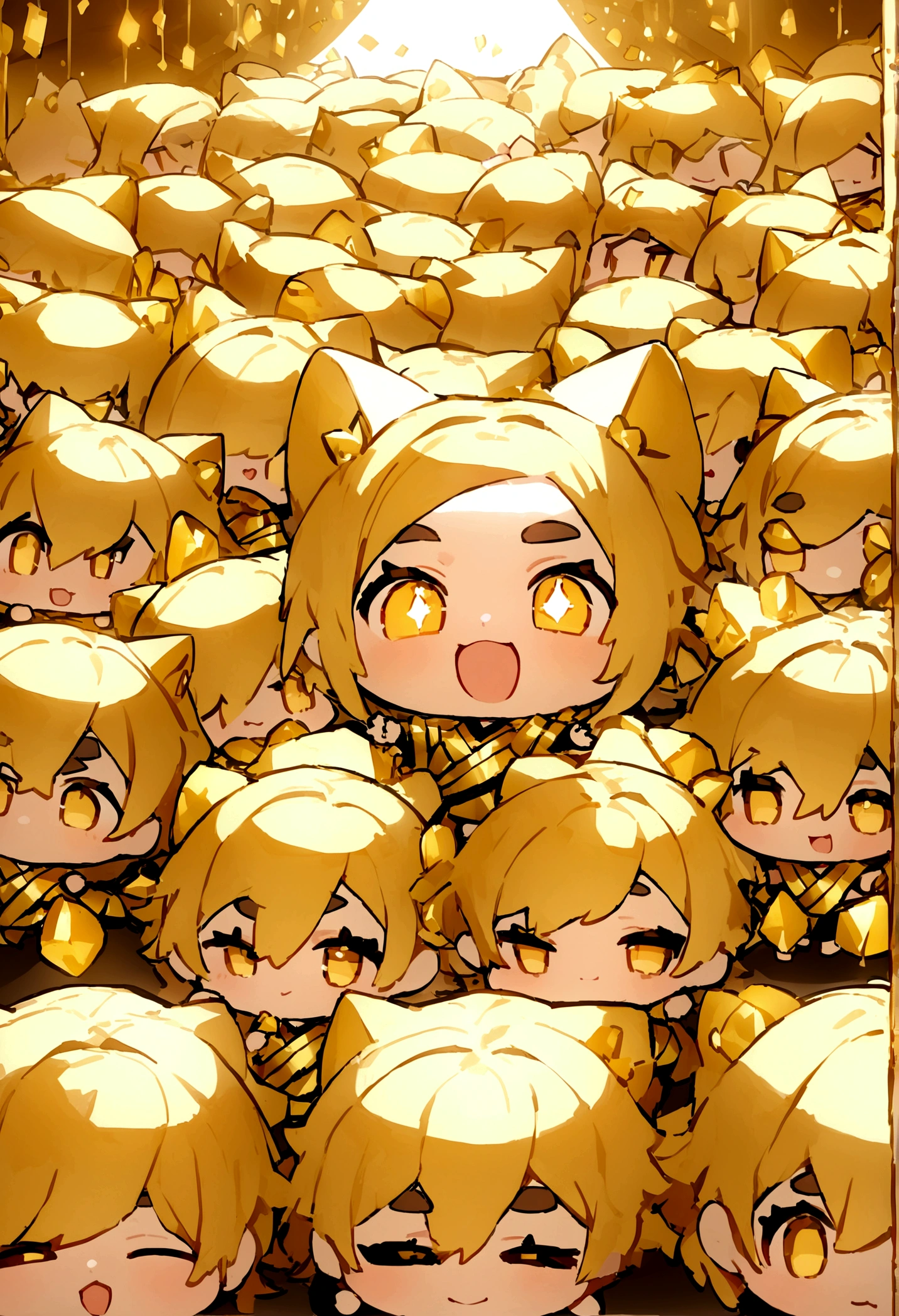 Highest quality, masterpiece, ,God of Wealth(chibi character cat)is surrounded by shining gold bars、A huge amount of gold falls from the sky、Shining Eyes,Eyebrows far apart 0.5, smile, Japanese Idols
