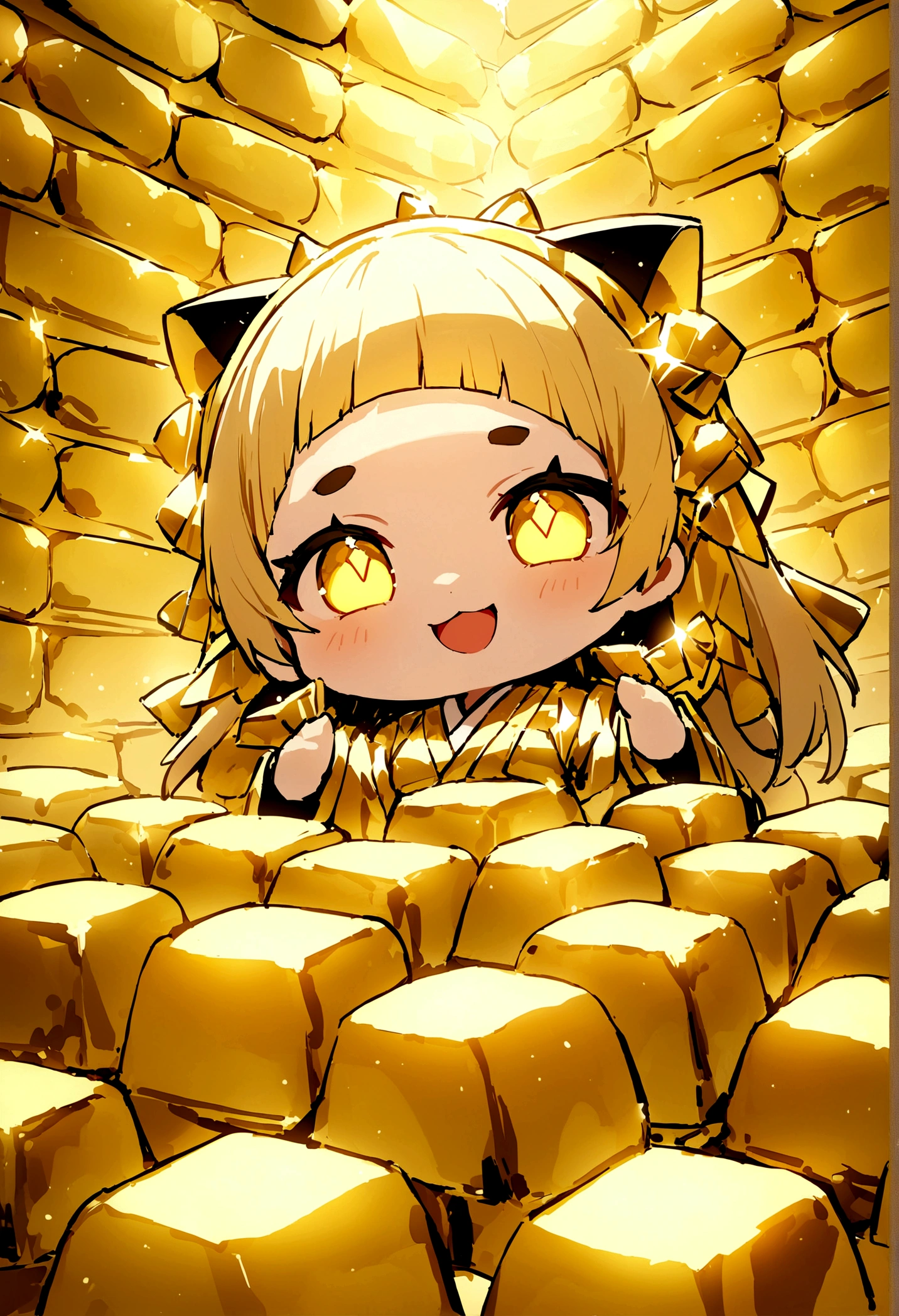 Highest quality, masterpiece, ,God of Wealth(chibi character cat)is surrounded by shining gold bars、A huge amount of gold falls from the sky、Shining Eyes,Eyebrows far apart 0.5, smile, Japanese Idols