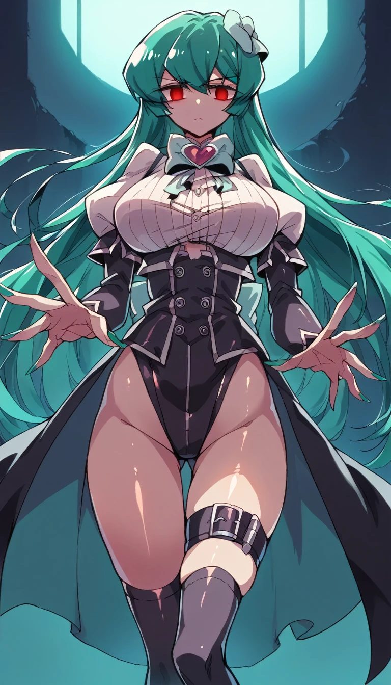 score_9, score_8_up, source_アニメ,Sayonara Minakami,,very big breast,shiny skin,Fallen into evil,empty eyes,Symbiote,suit,High leg,corset,Thigh belt,nail,