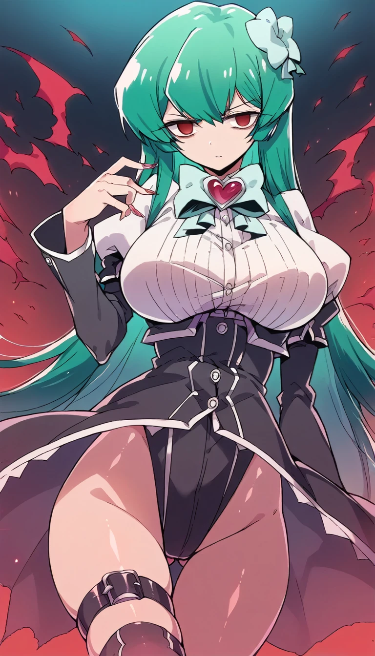 score_9, score_8_up, source_アニメ,Sayonara Minakami,,very big breast,shiny skin,Fallen into evil,empty eyes,Symbiote,suit,High leg,corset,Thigh belt,nail,