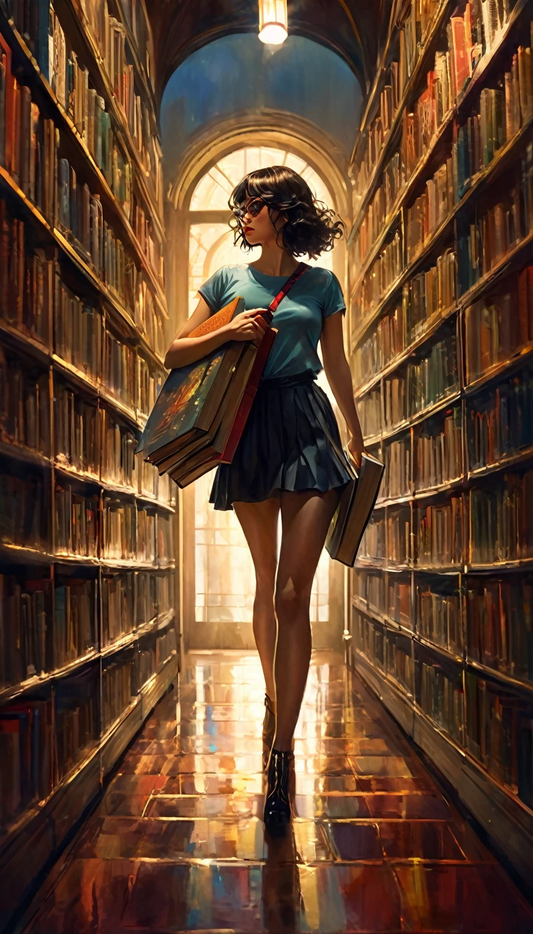 a sexy girl carries a very heavy load of books between its aisles, large library, (art inspired by Bill Sienkiewicz). oil painting)