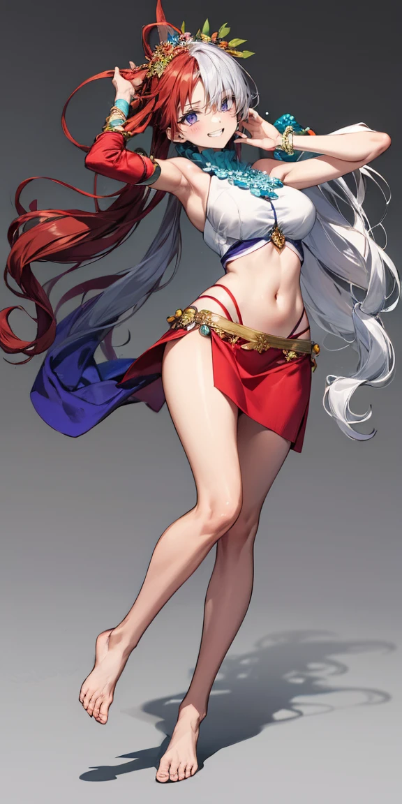(masterpiece), Perfect Anatomy, Complex, (Very detailed), masterpiece, Realistic, Perfect Anatomy, Cinema Lighting, shading, Ultra-Dense Skin, Beautiful and beautiful eyes, Highest quality, Very detailed, (shape), Very detailed, Looking at the audience, (Very delicate eyes:1.3), , uta, uta, Long Hair, (Purple eyes:1.1), Gray Hair, Redhead, multicoloRedhead, (Hair on one eye:1.5), Two-tone hair, Split Color Hair, Hair Ring, Side Lock, smile, Grin,  (Spa Background), Happy Theme, Indie aesthetic, smile, Dynamic pose, Bright colors, Shadow, Contrast, refraction, perspective, depth, Excellent anatomy, Amazing details,Big Breasts,Wide Hips,///////break break
//Fashion Tropical Mermaid,
Inspired by ocean colors and tropical marine life、Create vibrant and quirky outfits, let me&#39;Starting with a rainbow-colored frilled bikini, Featuring layers of ruffles and playful textures, ターコイズなどのBright colorsを選ぶ, Coral, lime green, Hot pink captures the essence of tropical oceans., 
break
Accessorize with iridescent sequins, Artificial Pearls, Seashell decoration evokes the enchanting beauty of the sea。, harmonious colors、Flowing, A lightweight sarong or wrap skirt.、Adds elegance and movement。, Complete your look with beach-inspired accessories like flower crowns, Shell Jewelry, Barefoot sandals decorated with colorful beads, In this outfit, Playing in the tropical sea、You will embody the vibrant and charming mermaid spirit。,
break