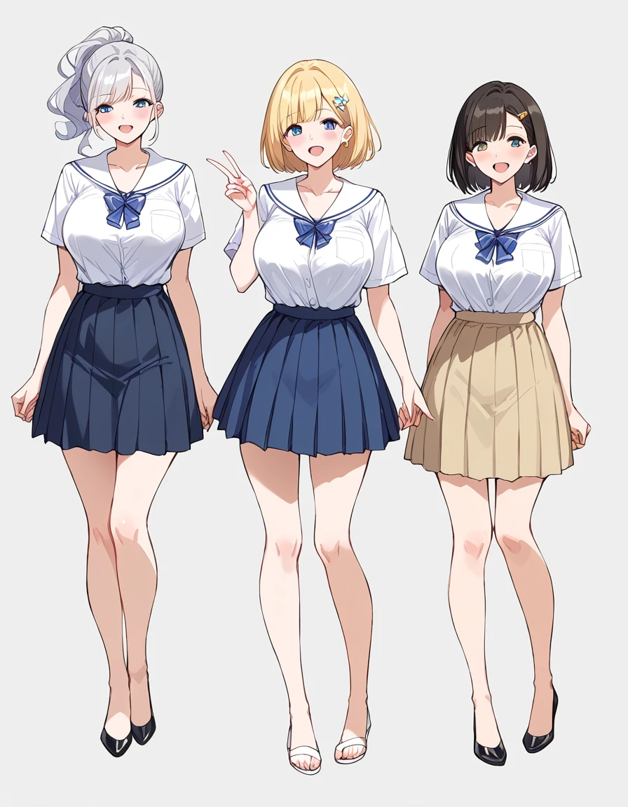 masterpiece, best quality, simple background, random hairstyle, large breasts,  summer, 3 girls, full body, skirt,
