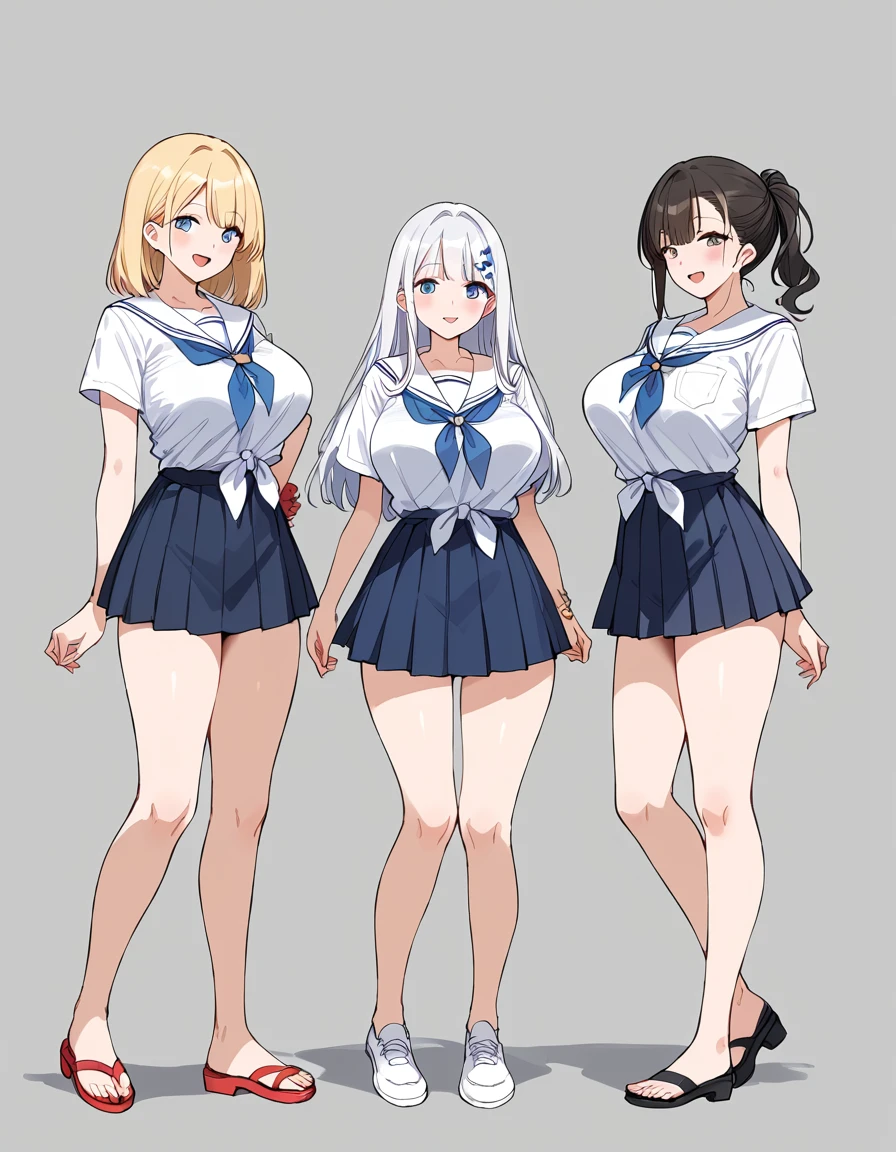 masterpiece, best quality, simple background, random hairstyle, large breasts,  summer, 3 girls, full body, skirt,
