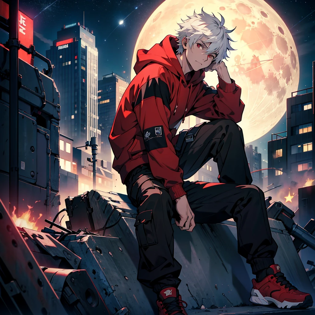 Male anime boy , short white hair, red eyes, wearing red hoodie, black cargo pants, sitting, city, night, moon and stars in sky, absurdres, high res, ultrasharp, 8K, masterpiece, looking at viewer
