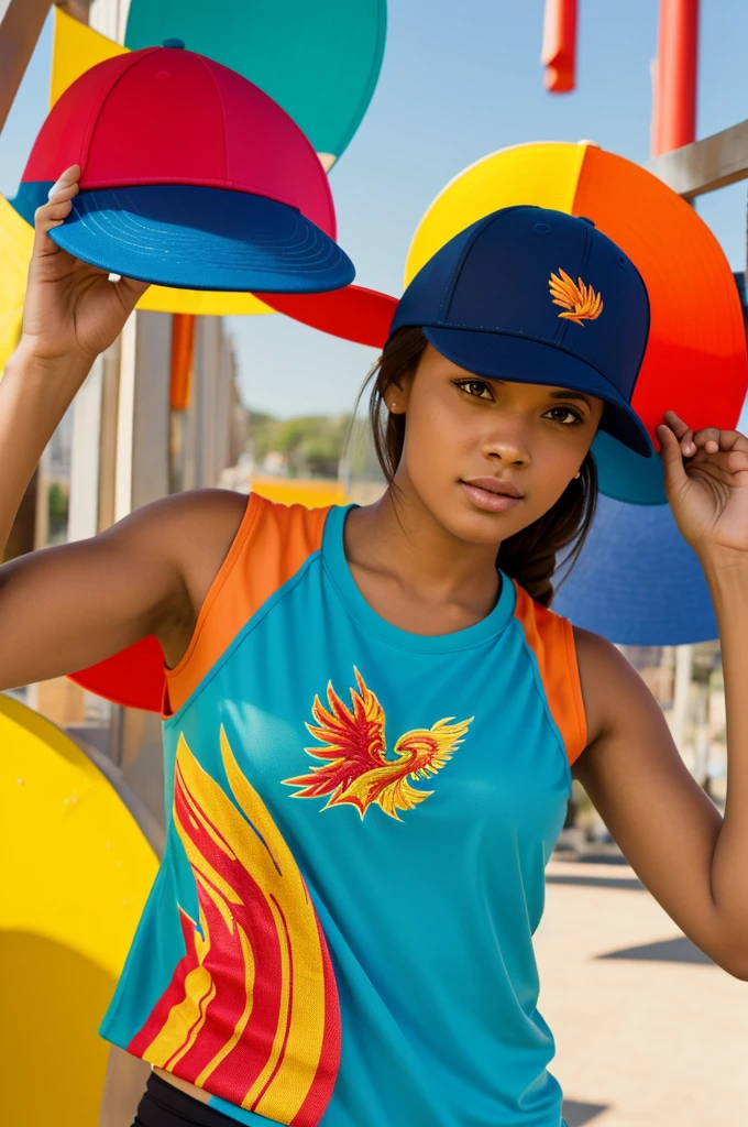 Create a sleeveless t-shirt with a sports hat with a phoenix in the center with bright colors