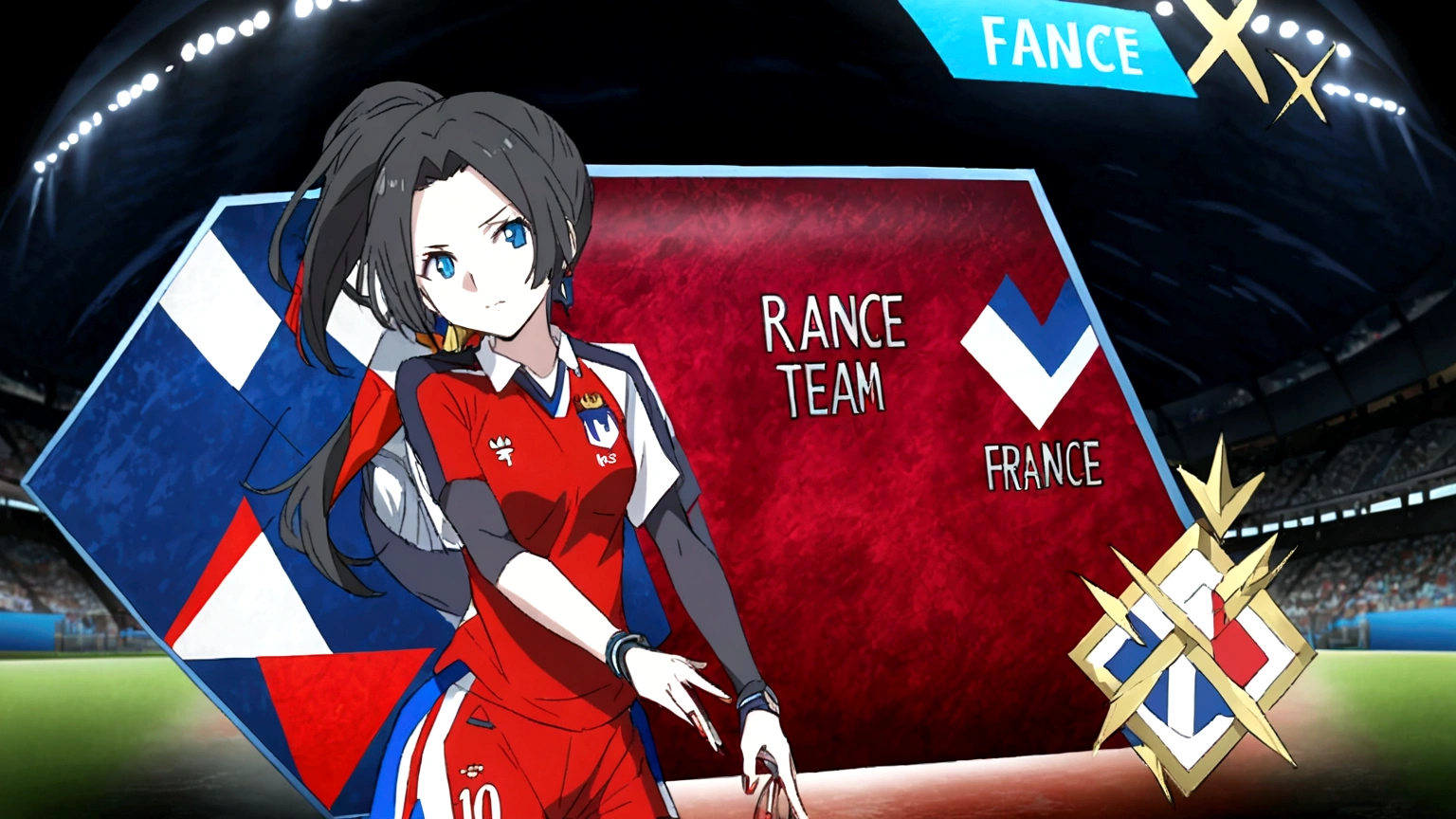 (anime,2D)Women,soccer player,black fur,wide,fringe,collected in a ponytail,clear skin,Light blue eyes,France national team clothing, In a soccer field.