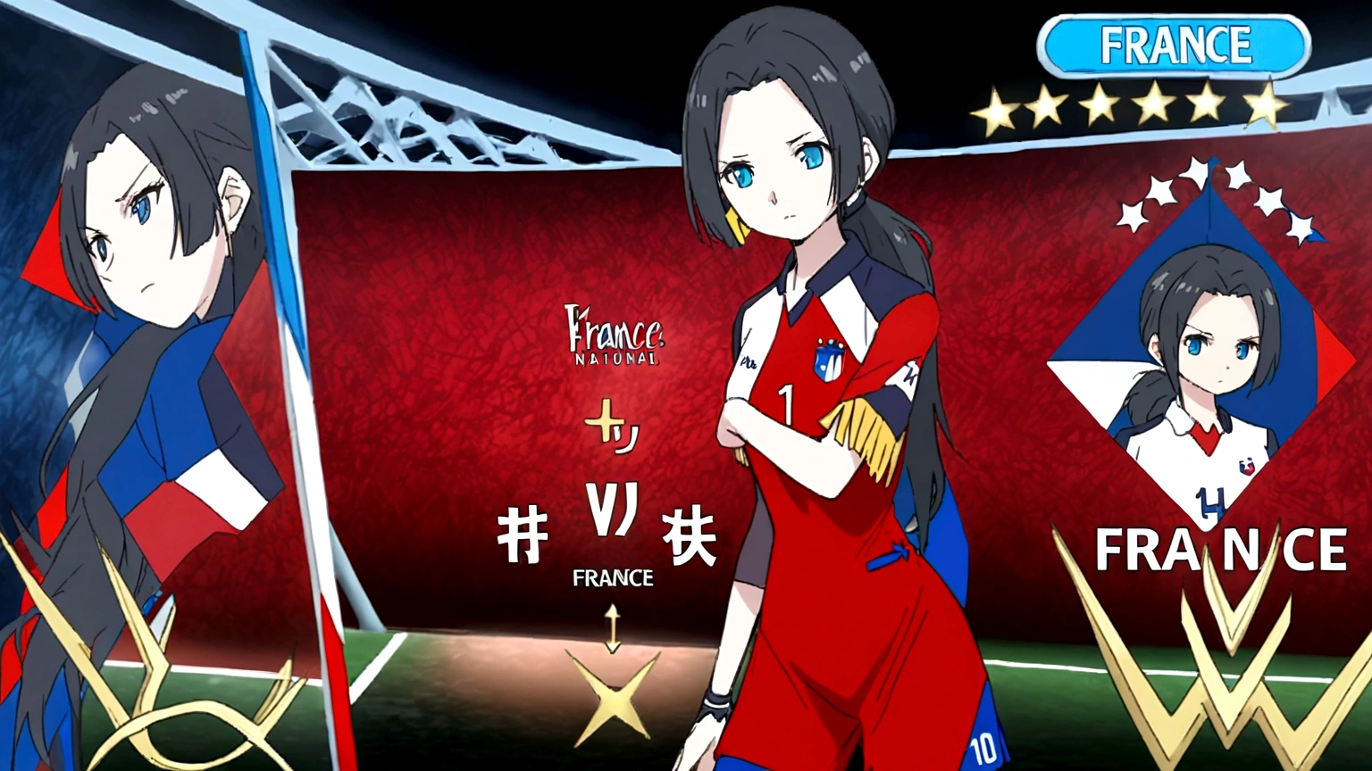 (anime,2D)Women,soccer player,black fur,wide,fringe,collected in a ponytail,clear skin,Light blue eyes,France national team clothing, In a soccer field.