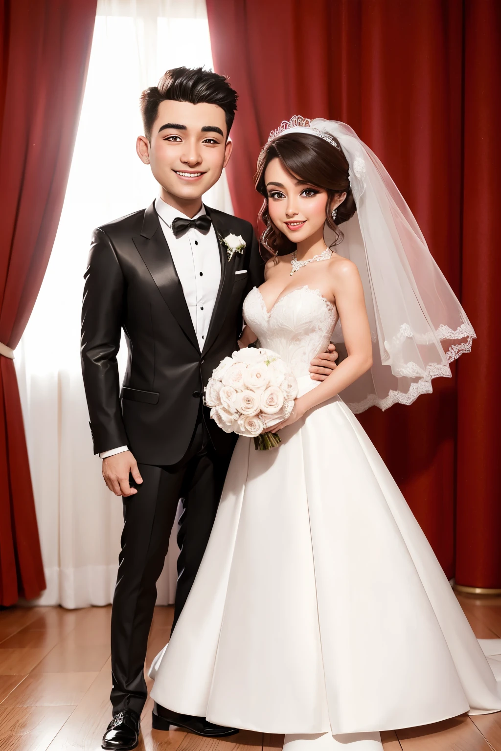 Caricature style drawing of a wedding couple, ((bride&#39;s height groom)),( chubby bride), Christian couple
